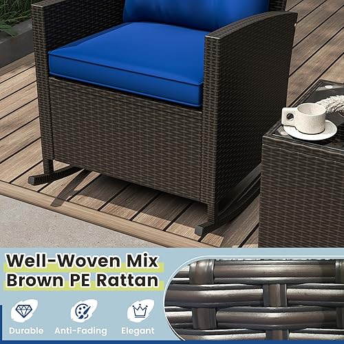 Miniatura 4 de Tangkula Juego de mecedoras de mimbre de 3 piezas, sillas roker de ratán para patio con mesa de vidrio templado y cojines suaves, juego de muebles