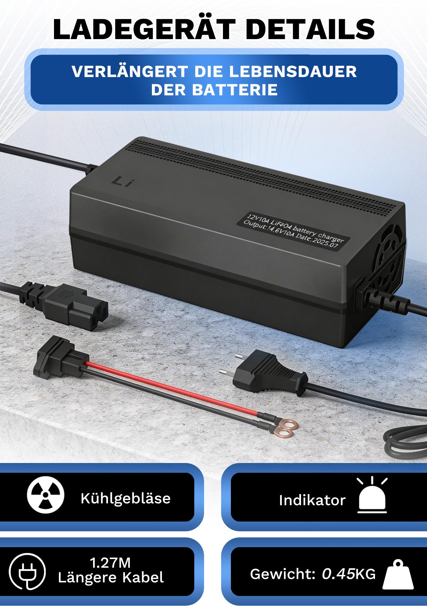 14,6V 10A LiFePO4 Lithium Batterie Ladegerät, Ladegerät 12V für LiFePO4 Lithium Ionen Batterie