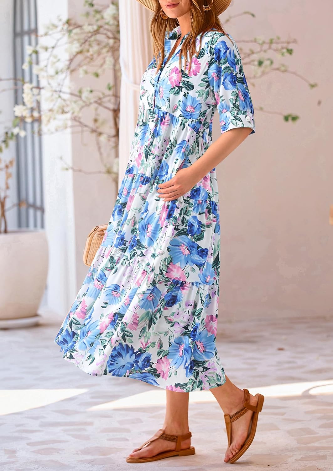 PRETTYGARDEN Summer Dress for Women Short Sleeve Button Up Ruffle A Line Flowy Maxi Dresses (Floral White Blue,Small) - Image 7