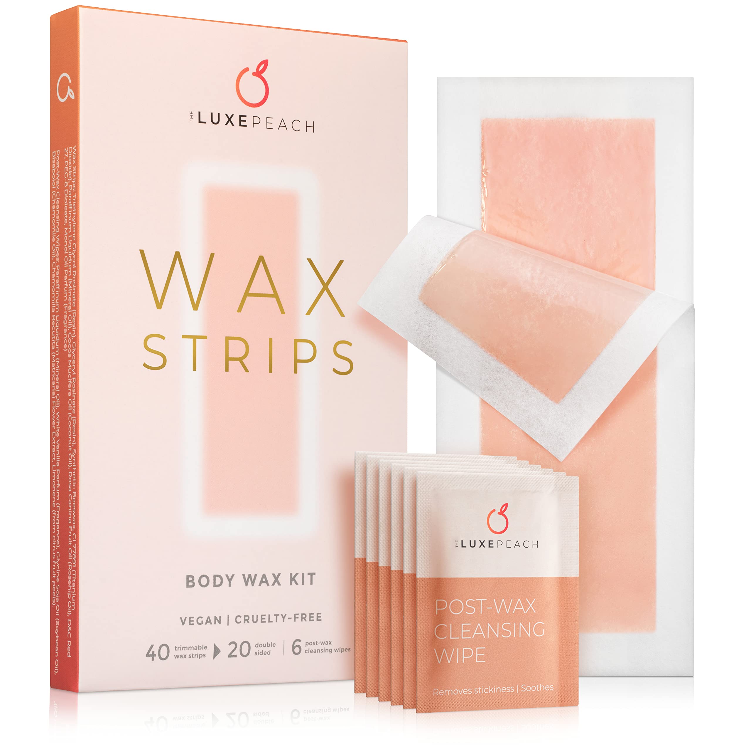 Hair Removal Wax Strips, 40 count - Vegan Wax Strips for Body & Face with Coconut & Rosehip Oils - Bikini Wax Strips - Long Lasting Results for Men, Women, and Teens