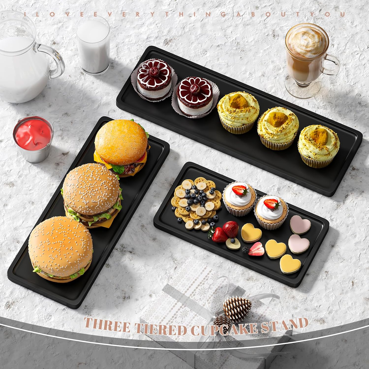 3 Tier Serving Tray Cupcake Stand and Towers Serving Tray for Party Food Tray Farmhouse Serving Platter Decorative Tray Decor Dessert Display Set Tiered Tray Stand (Black) - Image 4