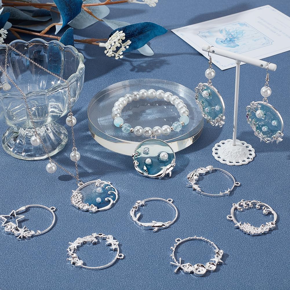 OLYCRAFT 24pcs Sea Open Bezel Charms 6 Style Ocean Open Frame Pendant Resin Bezel Charms Alloy Hollow Resin Frames with Loop for Jewelry Making DIY Crafts Summer Decorations - Silver - Image 5