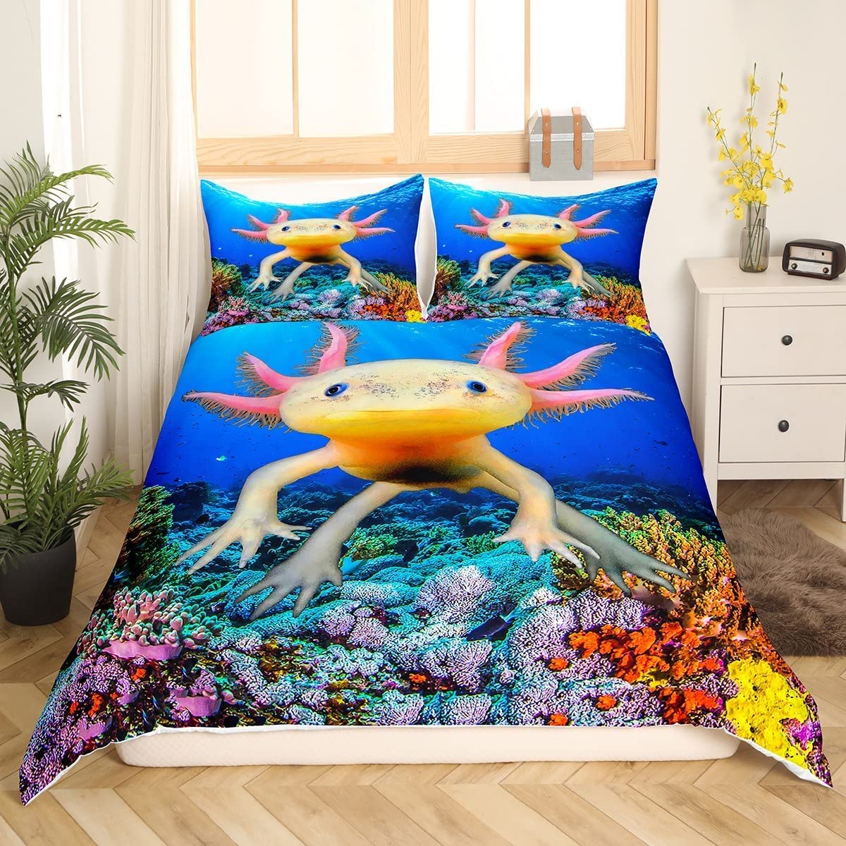 Loussiesd Cartoon Axolotl Duvet Cover Kawaii Axolotl Bedding Set Ocean Sea Comforter Cover for Boys Girls Teens Bedroom Marine life Sealife Bedspread Cover King - Image 3