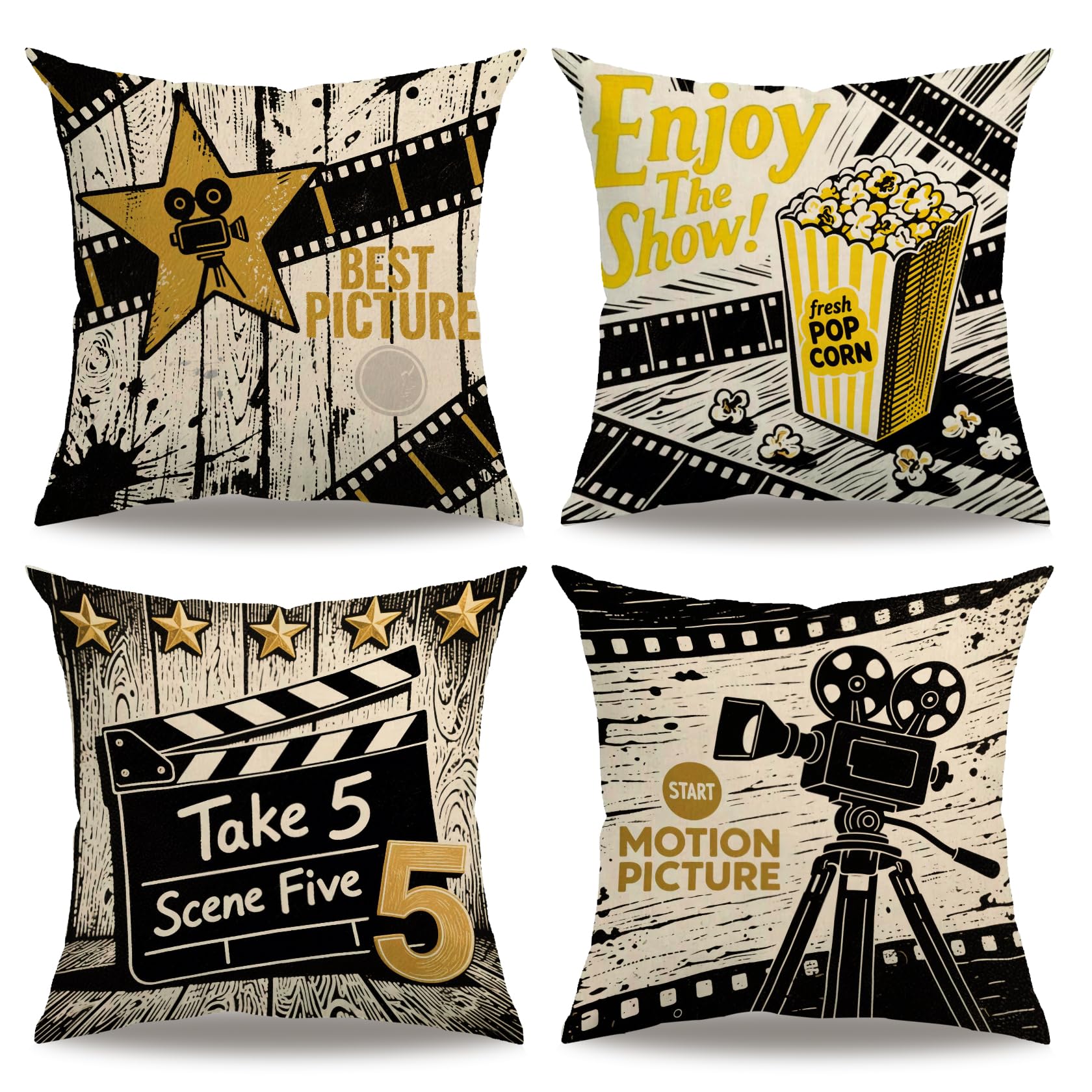 7COLORROOM 7ColorRoomVintage Cinema Pillow Covers Movie Theater Poster with Popcorn,Projector,Clapboard,Star Pattern Home Decor Couch Pillow Case 18 X 18 Inch Set of 4 (Movie 4P)