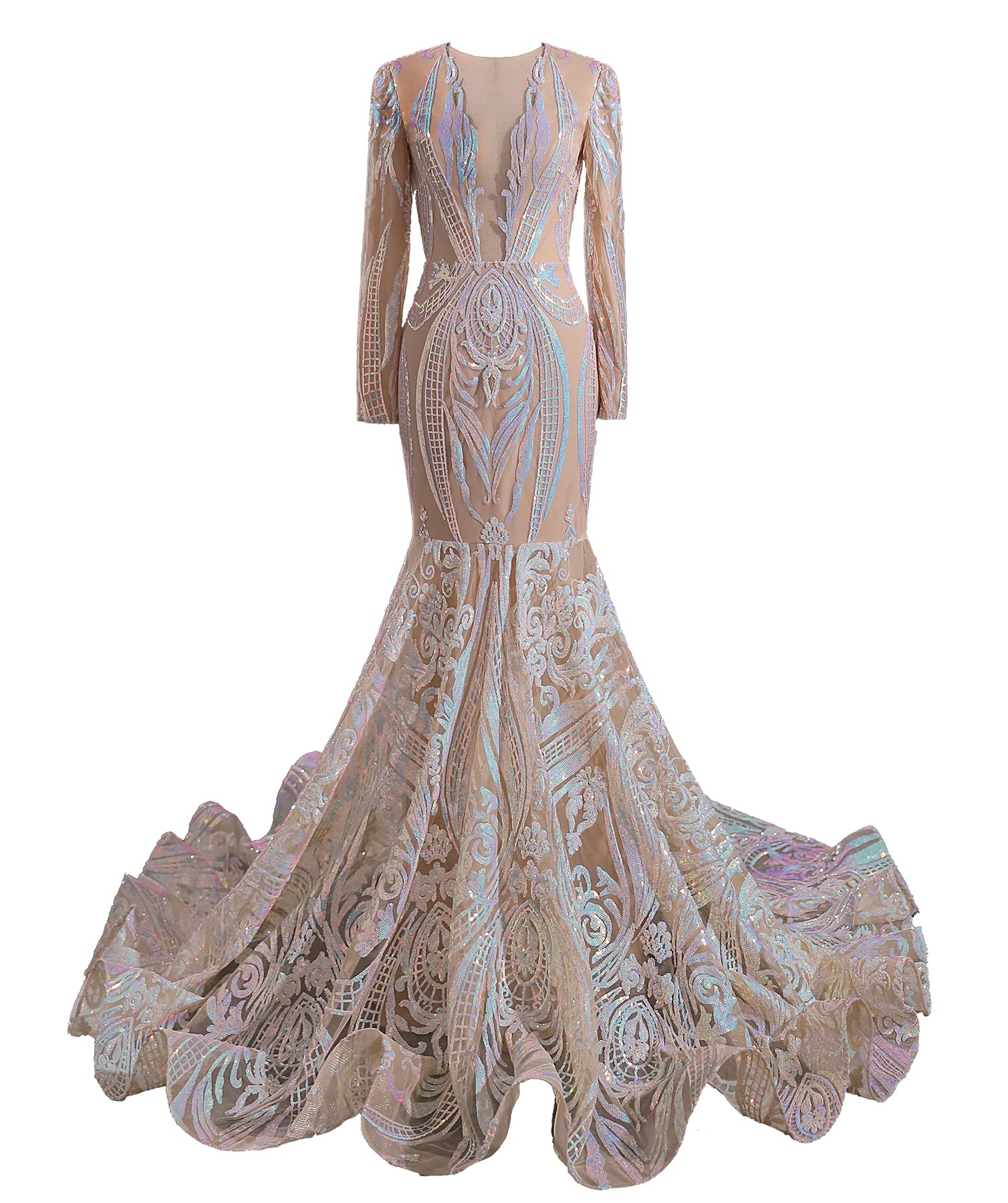 Womens Deep V-Neck Sequins Long Sleeves Mermaid Evening Dress