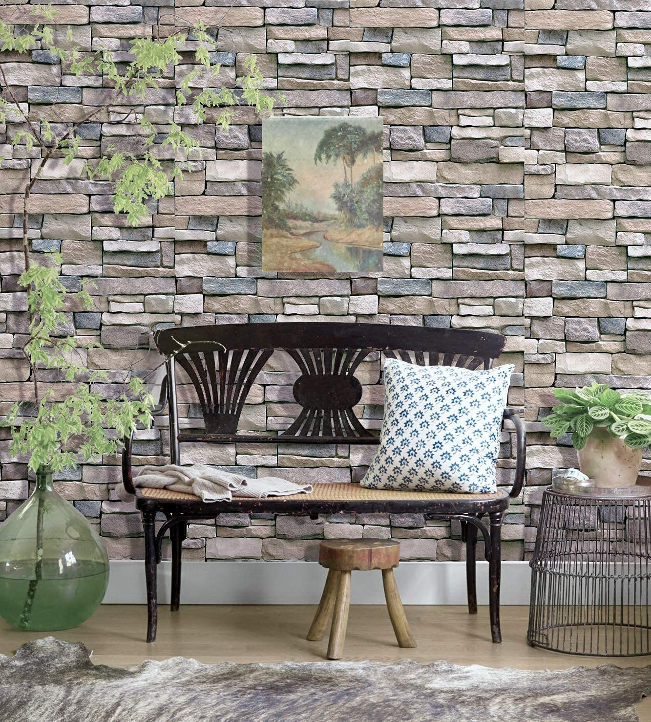 DWIND D9263 Peel and Stick Wallpaper Stone Paper Self Adhesive 17.7 x 118inch Brown Stone Pattern Wallpaper Film for Bedroom Livingroom