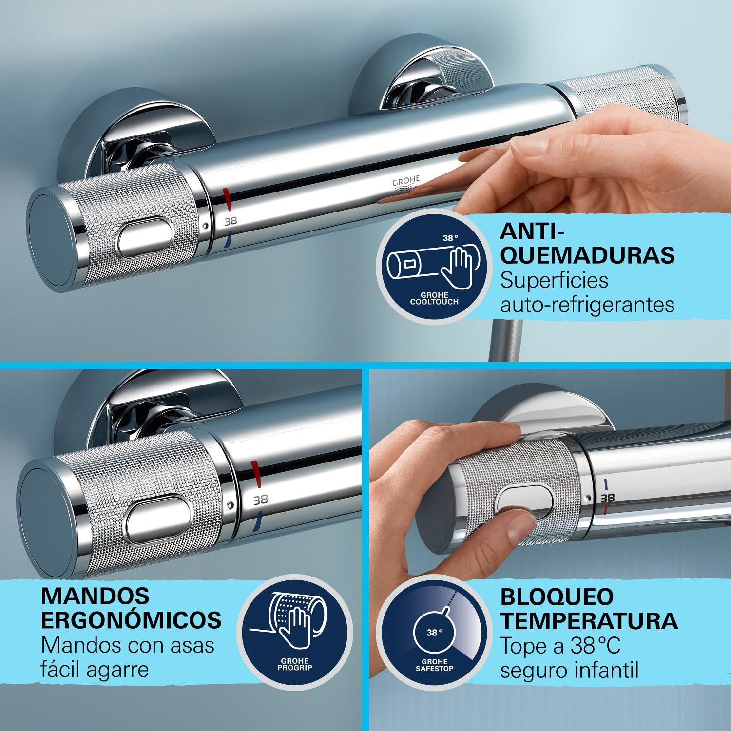 GROHE QuickFix Vitalio Joy 260 - Columna de ducha con termostato (mural 26cm, teleducha 11cm, 3 chorros, flexo 1.75m, repisa, QuickSpanner incl.), cromo, 26403002 [Clase de eficiencia energética A]