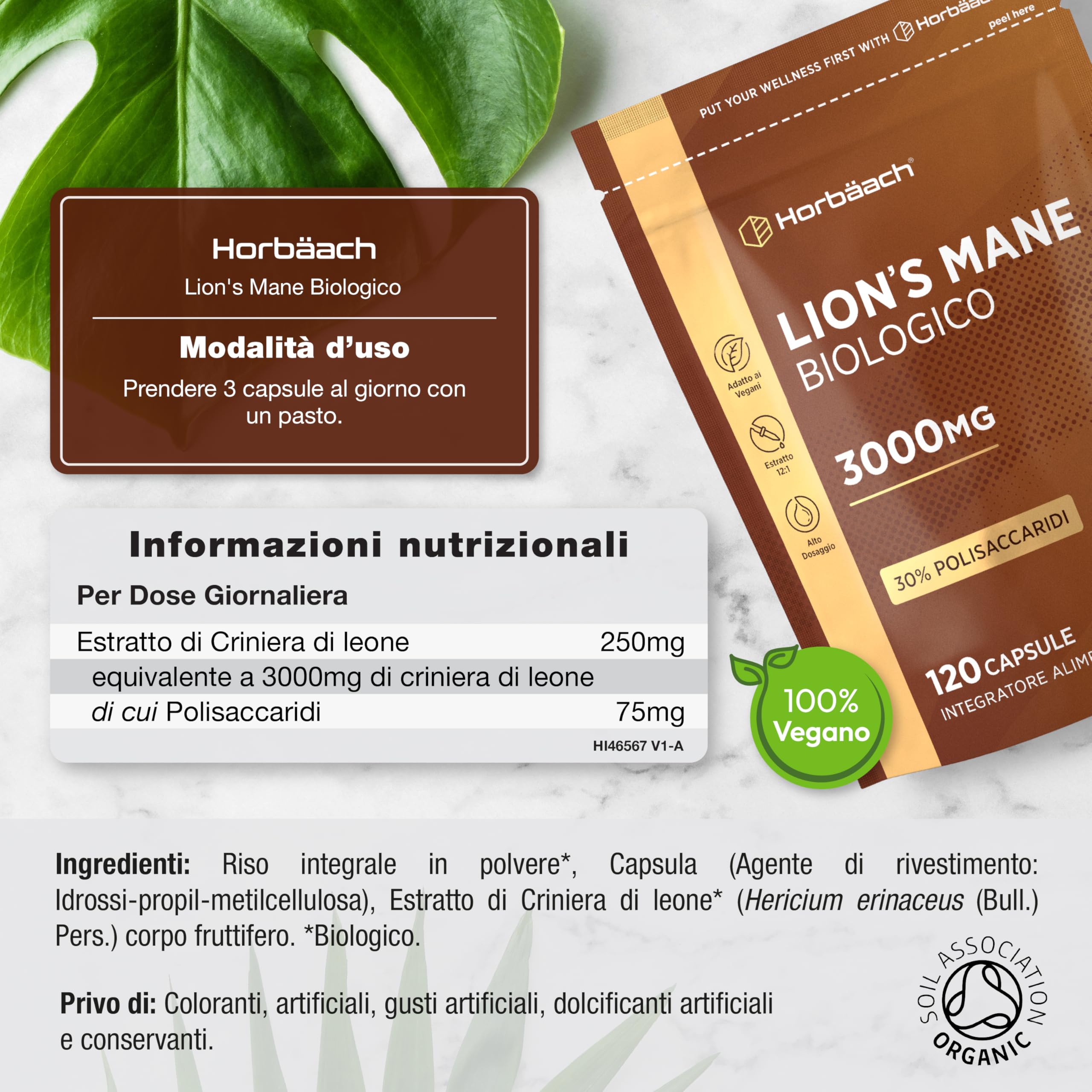 Lions Mane Bio 3000 mg | 120 Capsule Vegane | Hericium Erinaceus | Criniera di Leone Fungo Integratore | Estratto di Funghi ad Alto Dosaggio | Mushroom Supplement | Horbaach