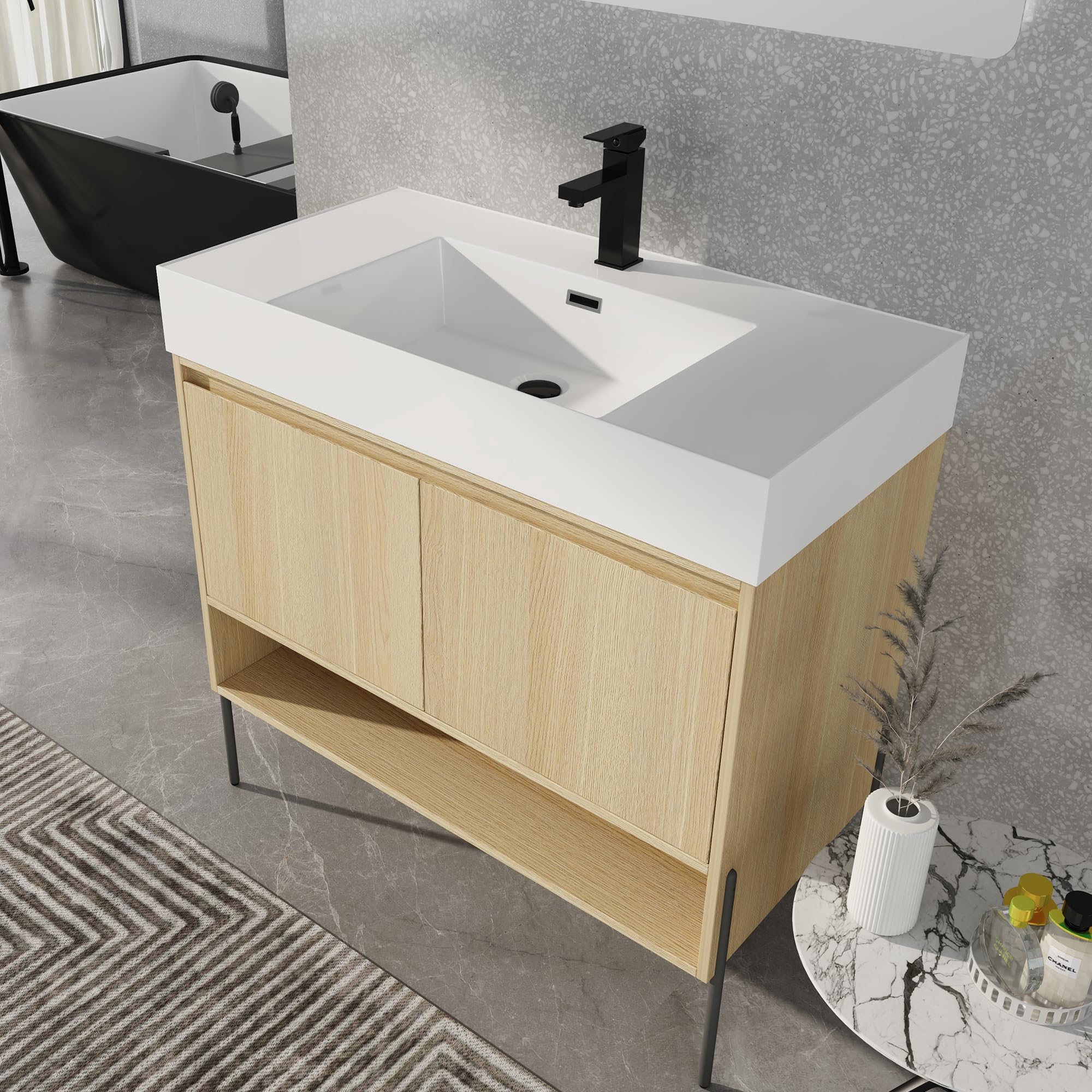 36 Inch Bathroom Vanity with Sink, Freestanding Bathroom Sink Cabinet, Undermount Ceramic Single Sink Bathroom Vanity, Multilayer Solid Wood, Metal