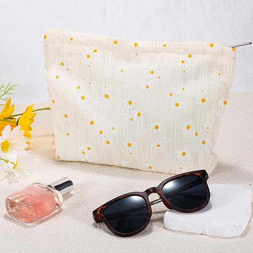 Miniatura 7 de ZLFSRQ Bolsa de maquillaje de flores de margarita, bolsas de cosméticos florales lindas para mujer, bolsa grande de aseo blanca con cremallera,