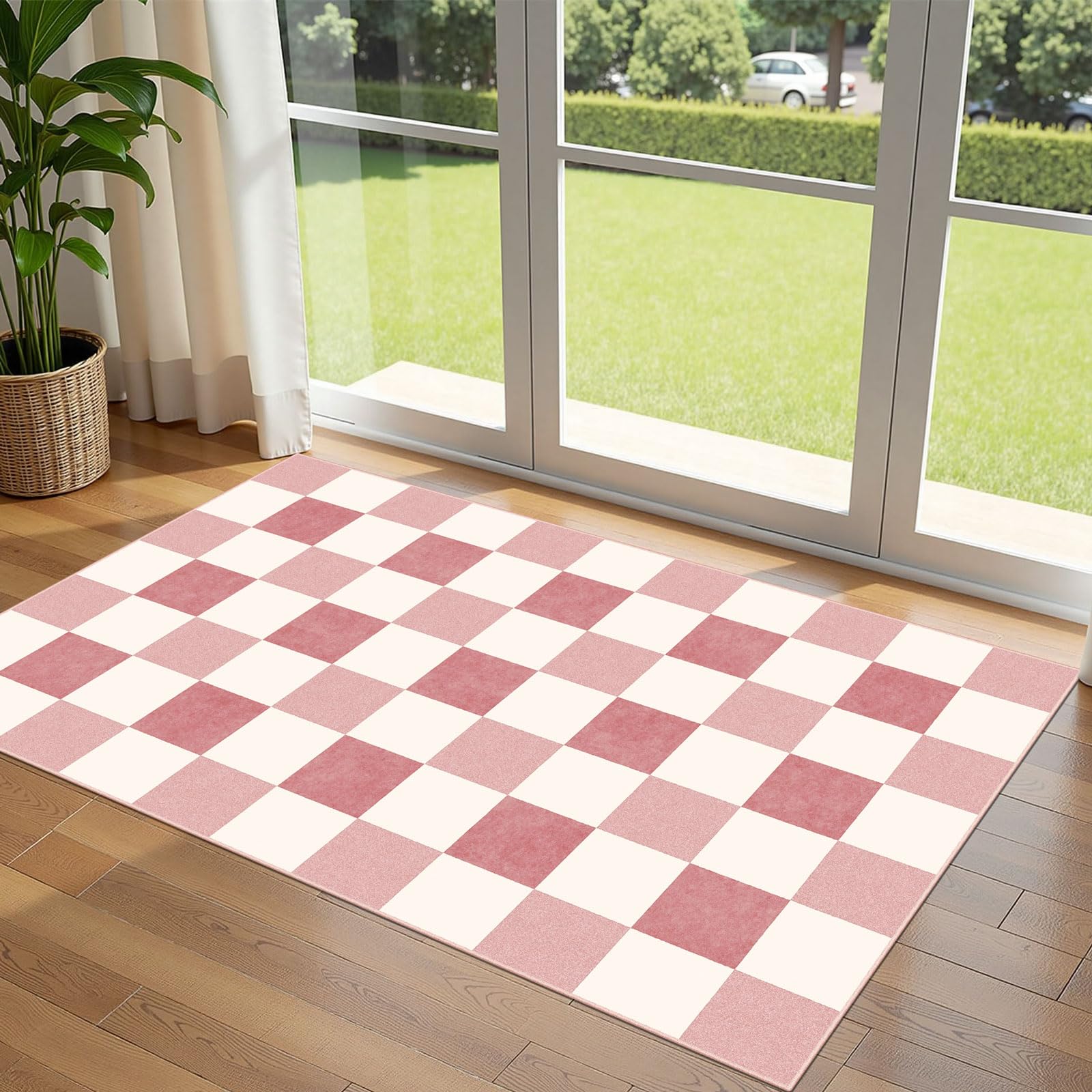 Othilic Pink White Checkered Entry Rug - 3x5 Non-Slip Indoor Outdoor Rugs