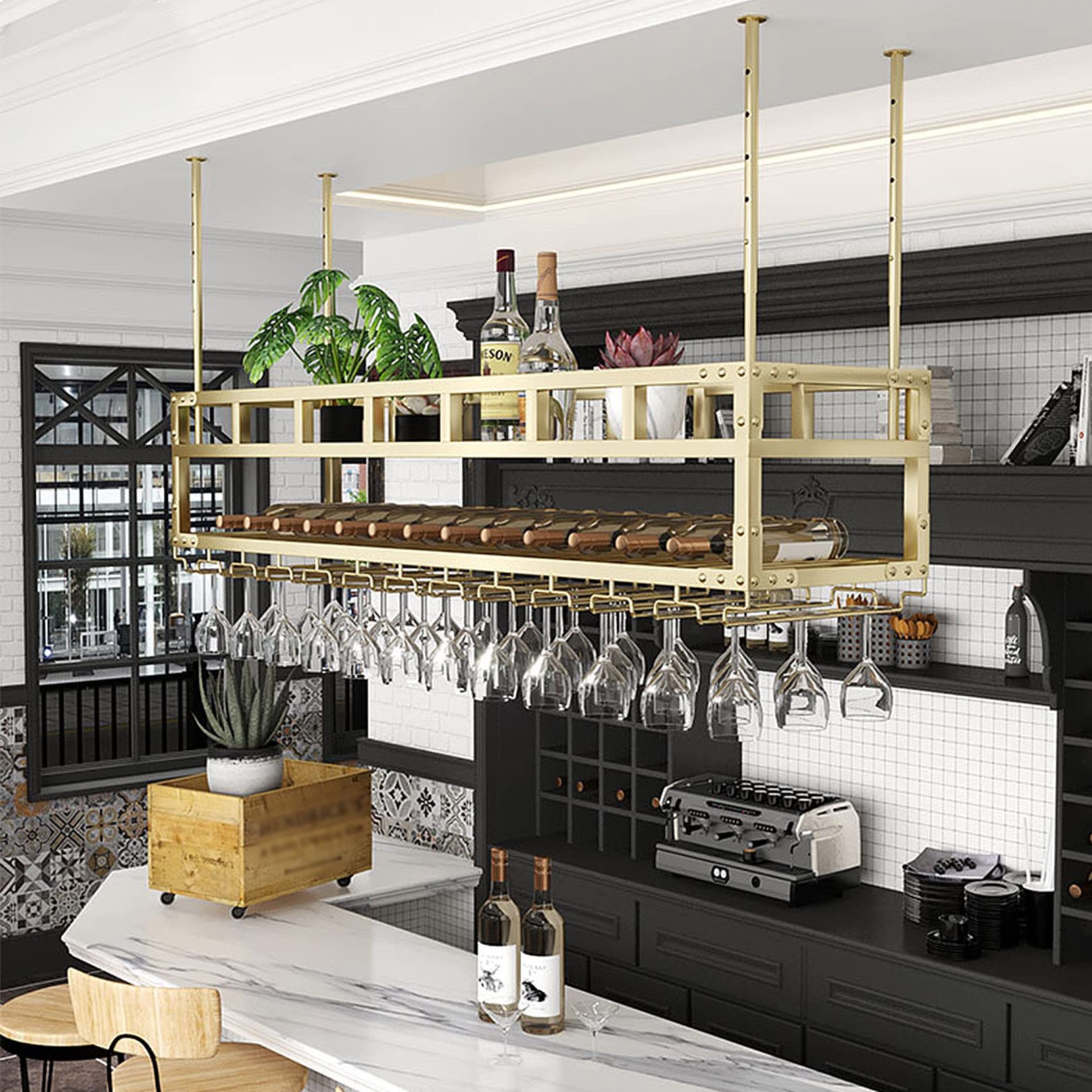 Portabottiglie da soffitto con 2 luci - Portabottiglie e portabicchieri Scaffali galleggianti Piante moderne Foto Bottiglie di vino Espositore Scaffale per cucina Sala da pranzo Home Bar