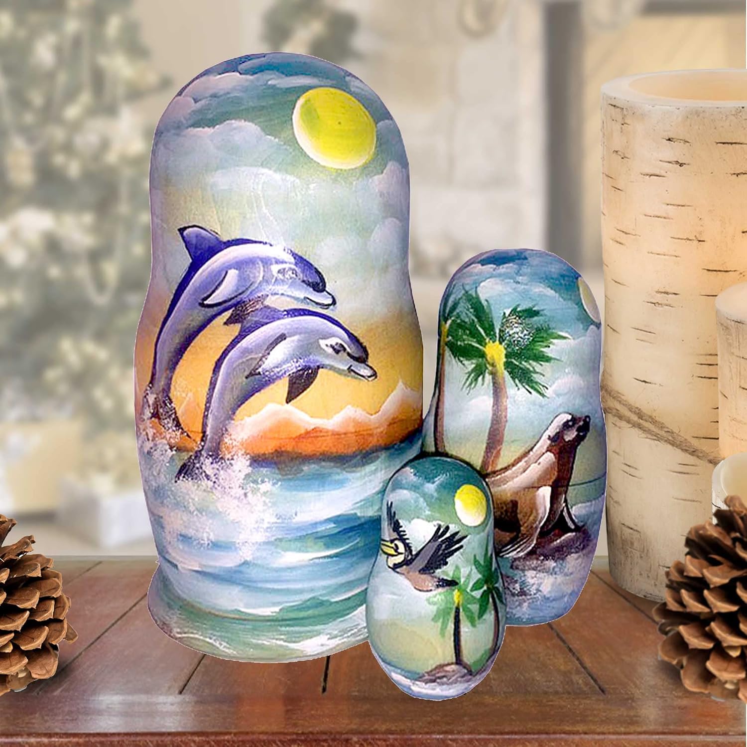 Coastal Dolphins, Seal & Pelican 3-Nest Matreshka Wooden Nesting Dolls Set - 14741 by G.DeBrekht