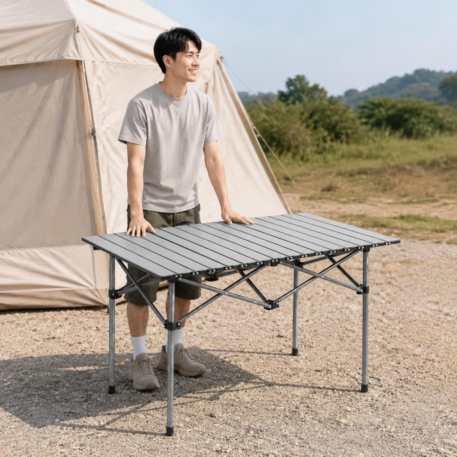 Mesa de Camping Plegable con Tablero de Mesa Auxiliar Mesa de Picnic Mesa de Exterior Marco Metálico de Acero Titanio y Plegado Rápido Adecuada, 120 65 62 Cm, Gris