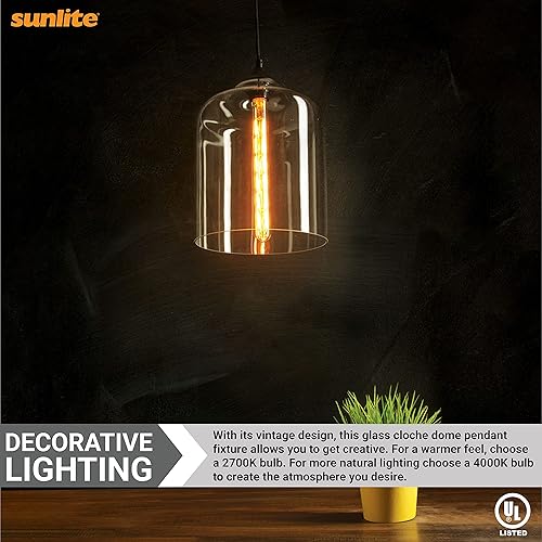 Miniatura 3 de Sunlite Colgante de cúpula de cristal de inspiración vintage, accesorio de luz de granja, mediano (E26), cable tejido trenzado de 49 pulgadas, 60
