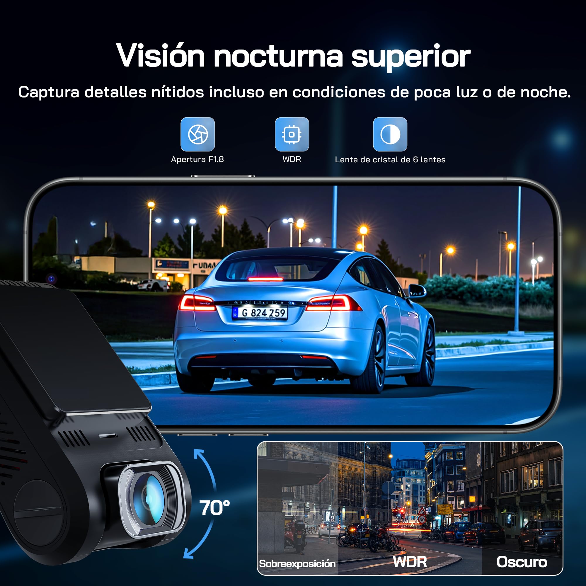 WOLFANG Cámara de Coche 2.5K FHD, Dashcam de Doble Lente para Coches de 170º Gran Angular Monitor de Aparcamiento 24H con Grabación en Bucle y Sensor G