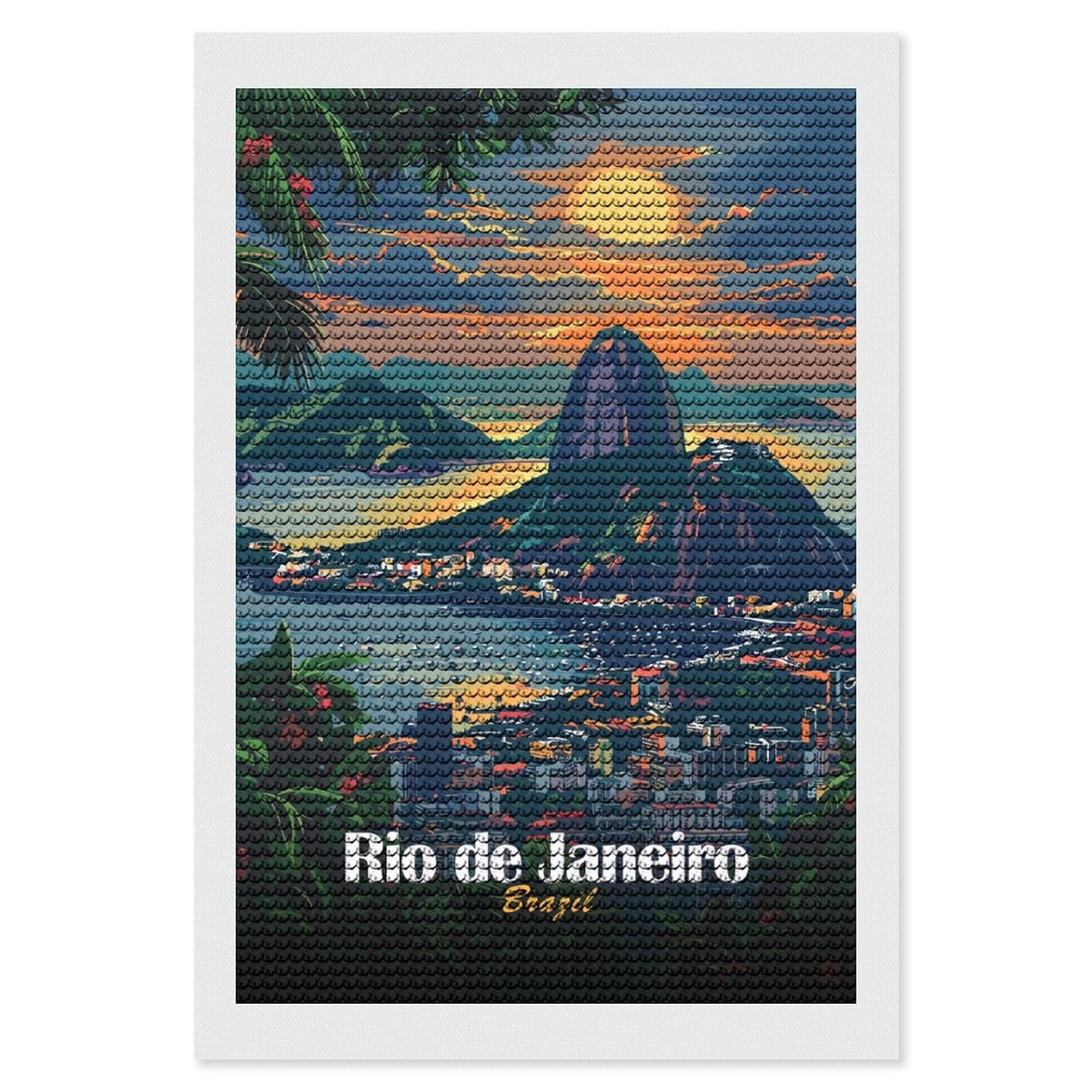 Junmoney Rio De Janeiro Sunset Diamond Art Kit 8"x12", Relaxing DIY Hobby, Satisfying Creative Project, Living Room Decor, for Women