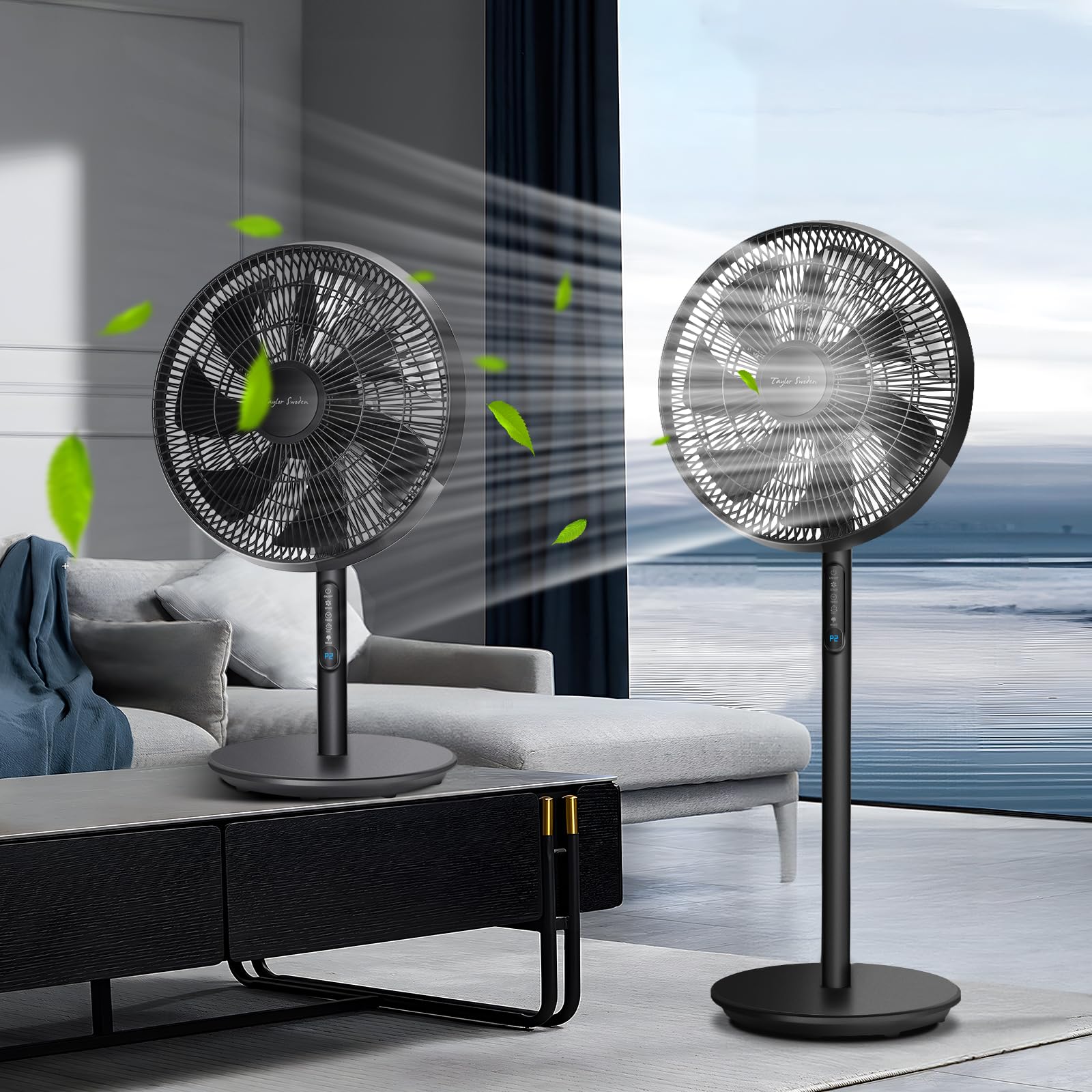 Taylor Swoden Eurus - Ventilador de pie y de mesa digital 2 en 1 con 7 aspas, 45W, temporizador 9h, mando a distancia, altura ajustable de 68 a 110 cm, 3 velocidades y 3 modos, oscilación de 90°