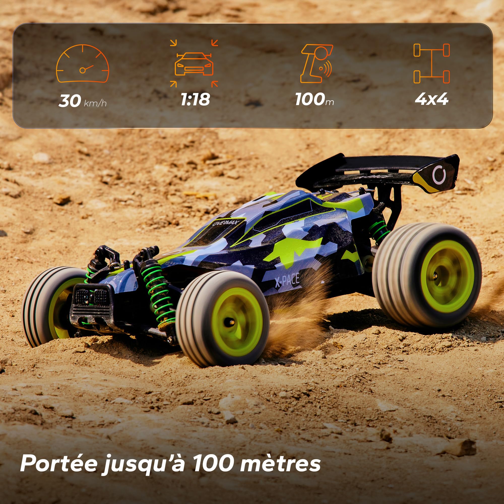 Overmax X-Pace Voiture télécommandée RC Car Vitesse de 45 kmh 4x4 motrices portée de 100 mètres Suspension à Ressort indépendante éclairage LED Grande Taille, Noir-Jaune
