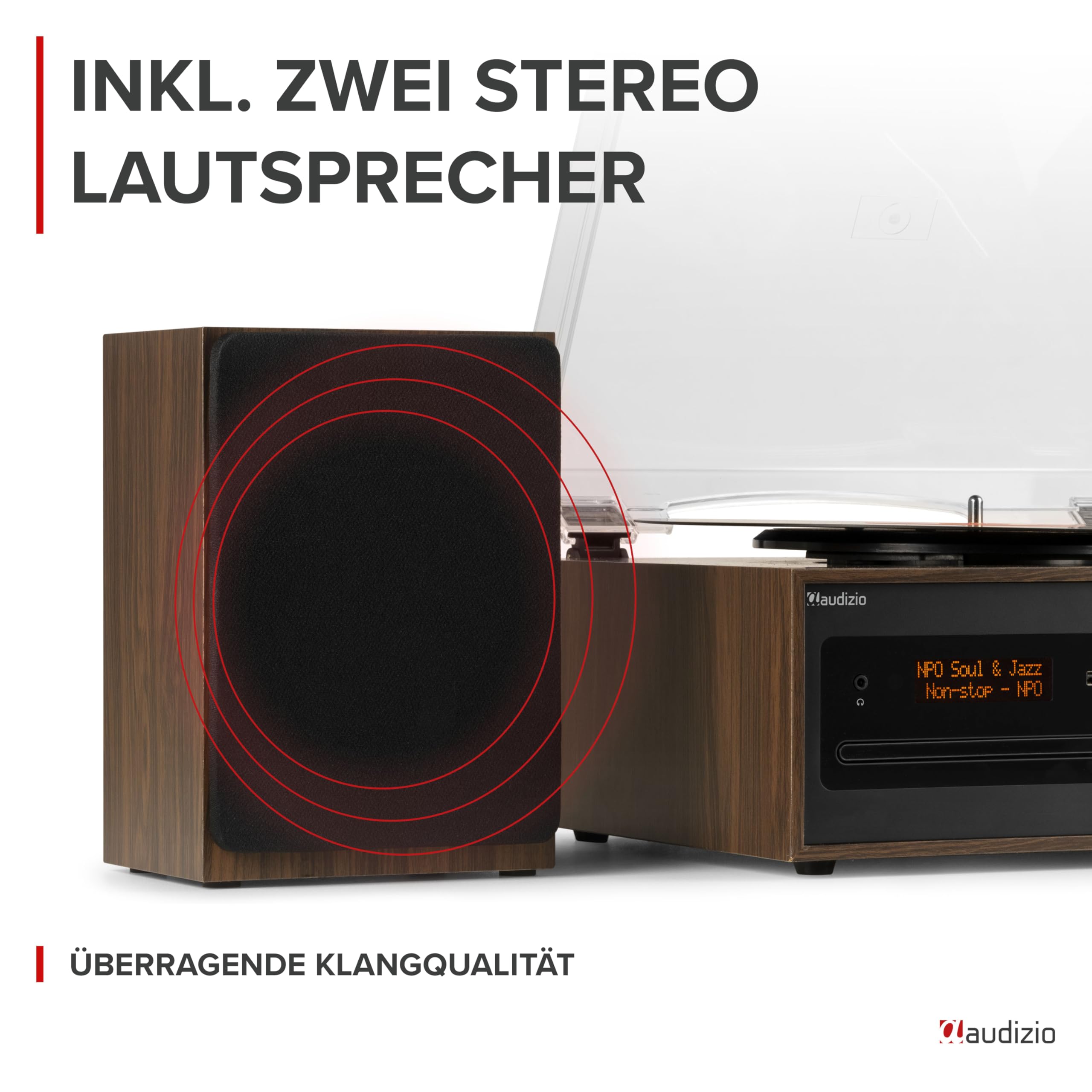 Audizio Boston - Plattenspieler mit Lautsprecher, CD-Player, DAB+ Radio, Schallplattenspieler Bluetooth & USB - Stilvolle HiFi-Anlage für Vinyl, Musik-Streaming & Radio - Riemenantrieb & Retro Design