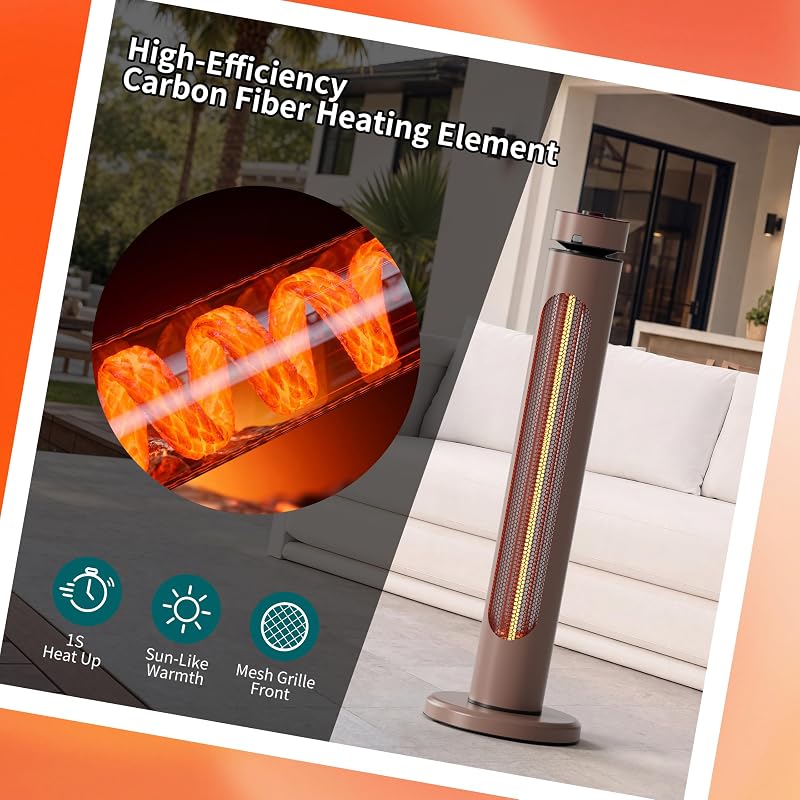 Patio Heater for Outdoor 1500W 8 Heat Levels 8H Timers Oscillation Carbon Fiber Heating Tip-Over&Overheat Protection Waterproof Electric Infrared Heater with Remote Brown image 4