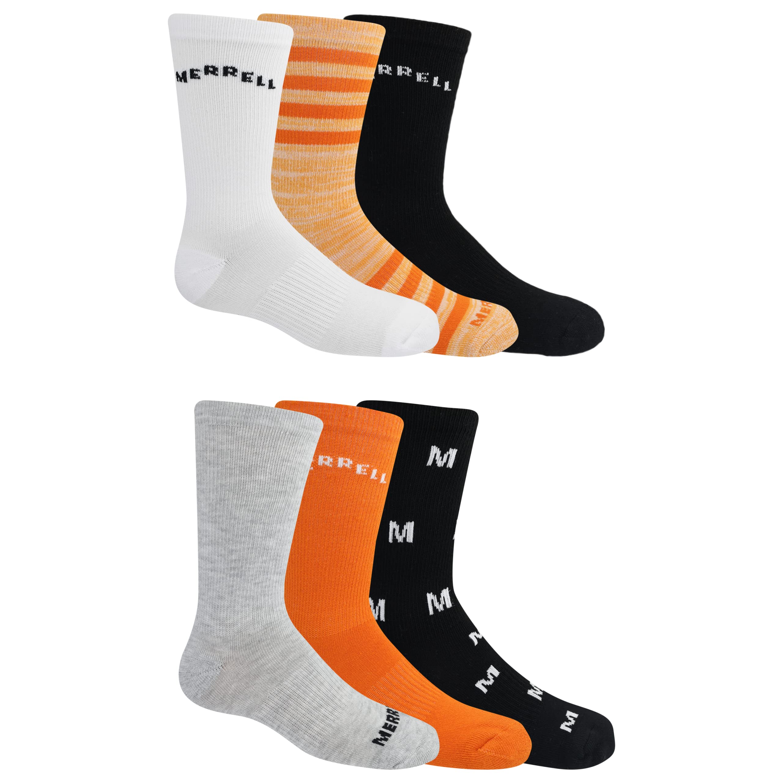 Merrell Kids' Everyday Cushioned Hiking Crew Socks with Arch Support and Moisture Wicking 6 Pair Pack, Orange Assorted, Children Shoe Size: 9-11