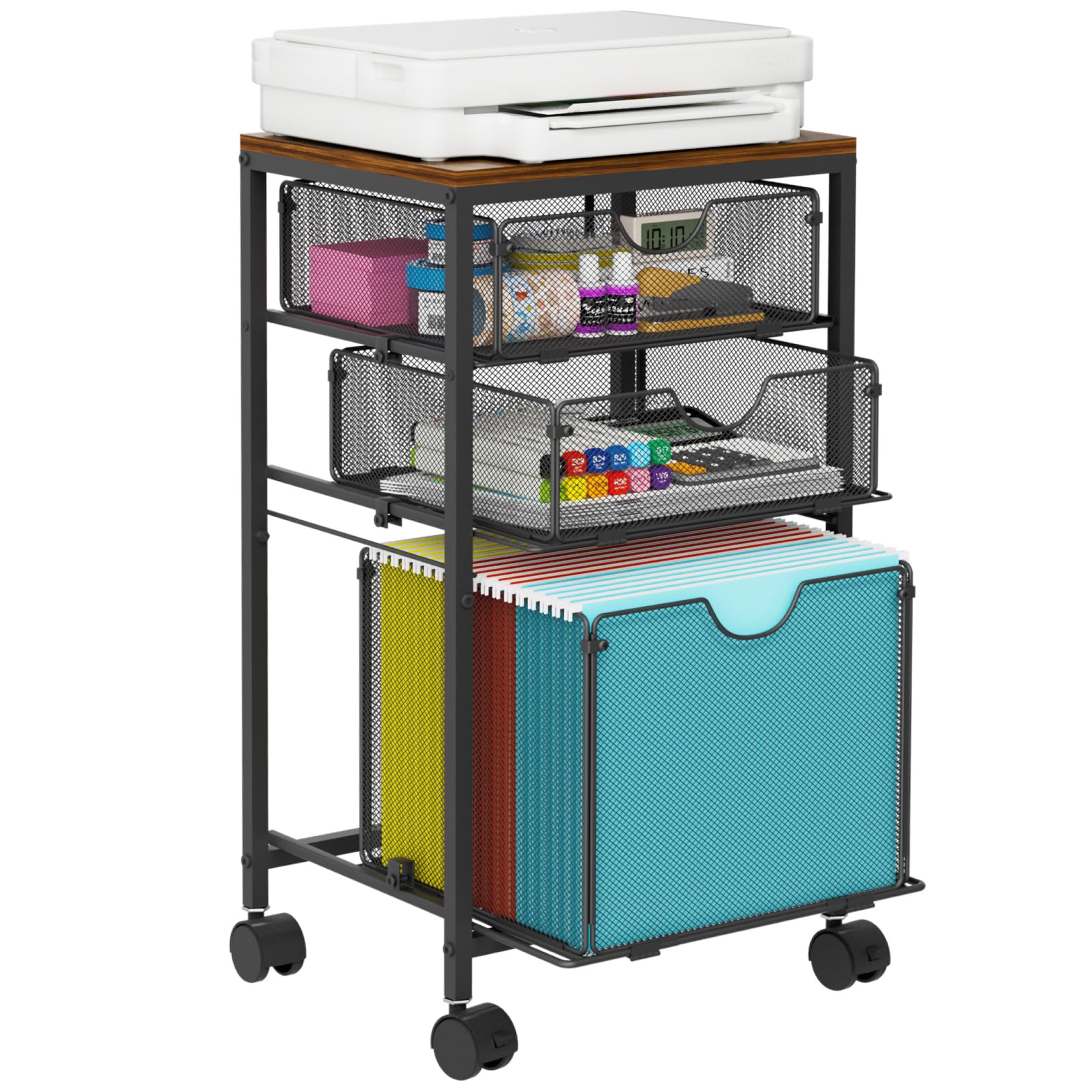 BOHDK Carrito de archivos rodante, carrito de archivos para almacenamiento debajo del escritorio, archivador móvil de madera y malla con 3 cajones deslizantes, para A4, carpetas de archivos colgantes