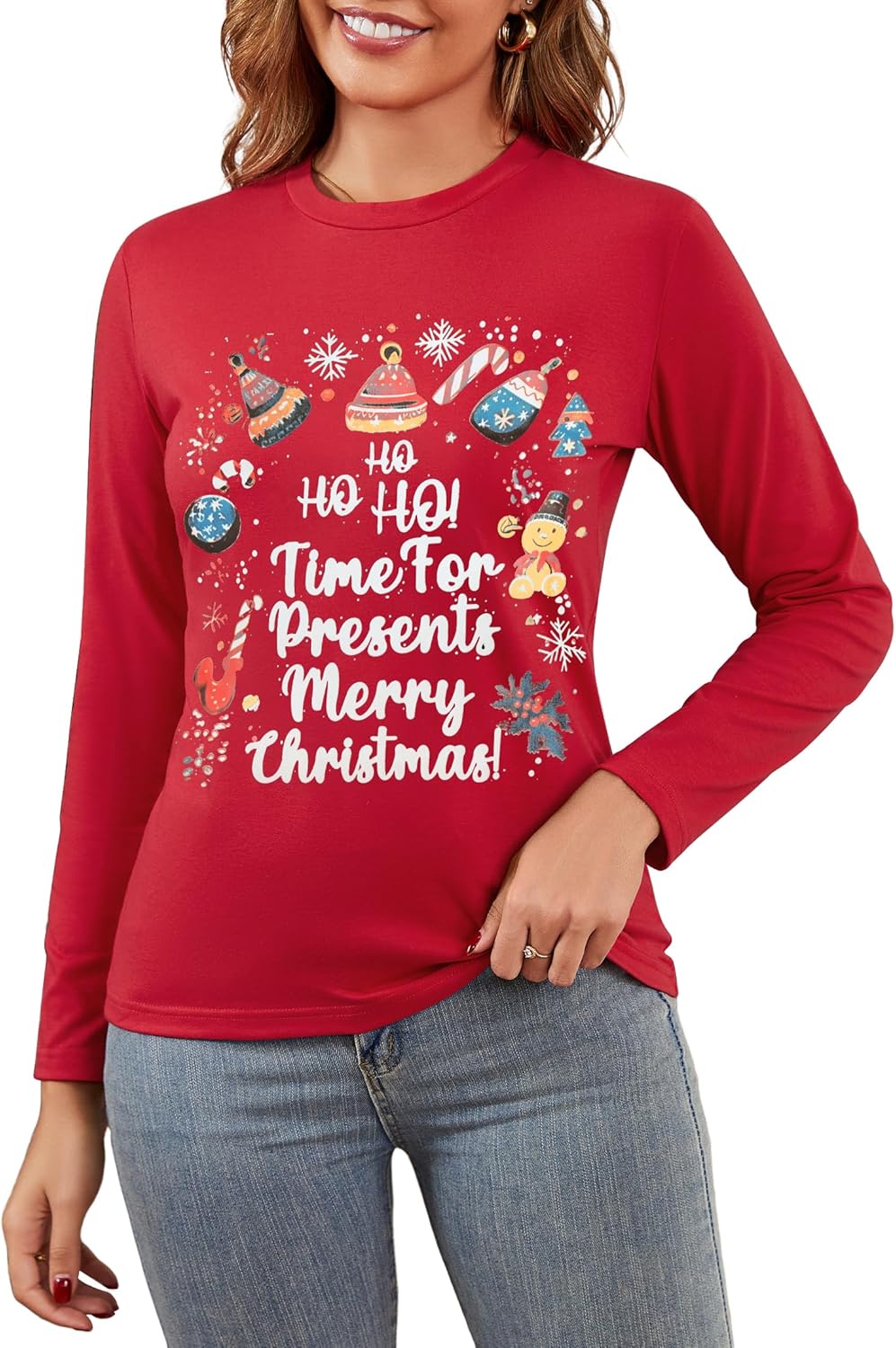 Generisch Kersttrui, grappige kersttrui, oversized, winter, lange mouwen, bovenstuk, ronde hals, los sweatshirt, bovenstuk, warm, Xmas, pullover, kersttrui, tienermeisjes, tienerm, rood, S