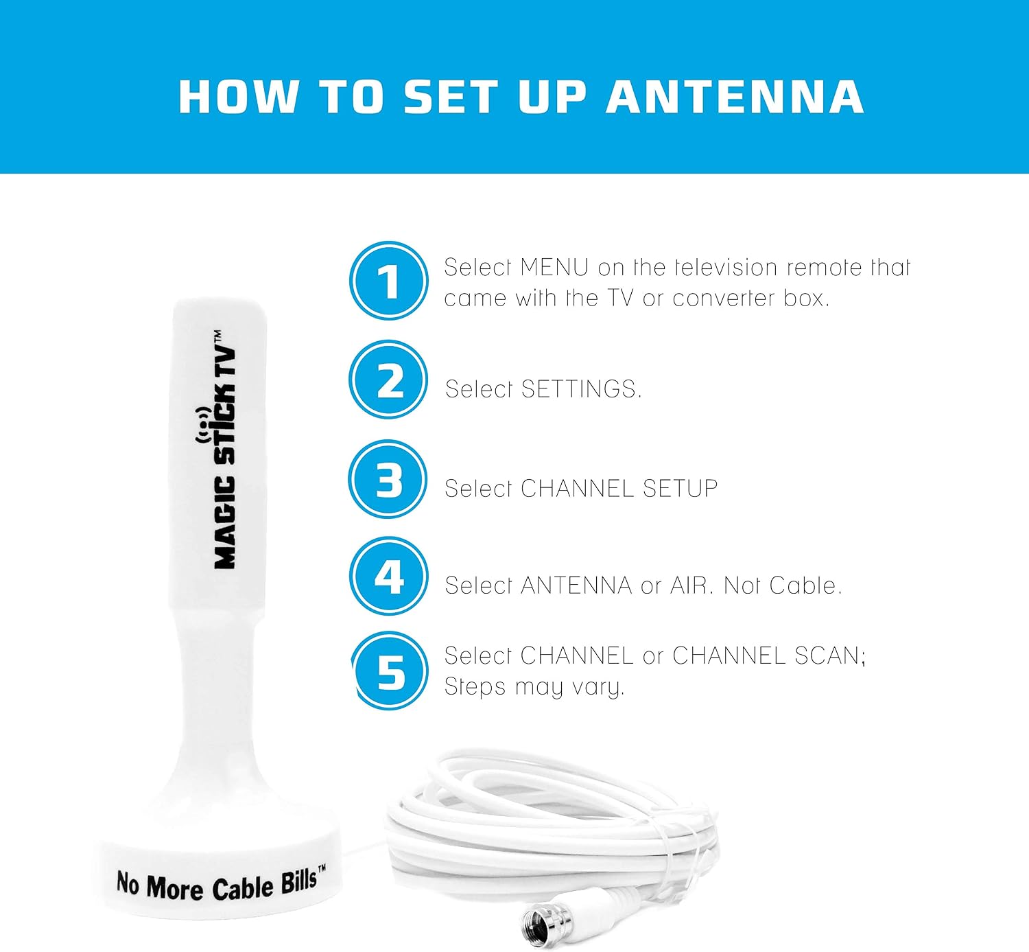 Magic Stick TV MS-50A Model - Antenna TV Digital HD for Indoor and Outdoor - Built in Amplified Signal Booster Antenna for Digital HDTV 1080P HD Channels, 16.5ft Cable, White