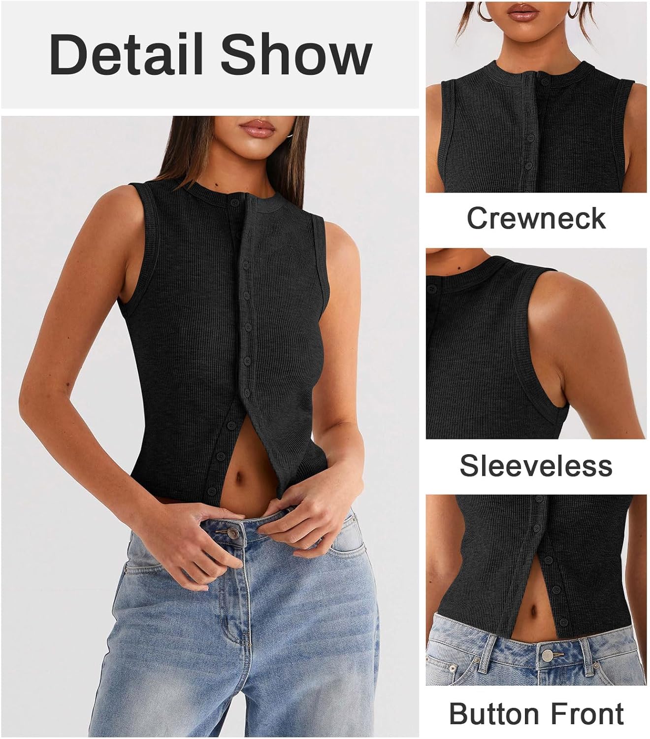 Womens Button Down Tank Top Sleeveless Ribbed Fitted Vest Casual Crewneck Trendy Y2K Going Out Crop Knit Vest Top - Image 4