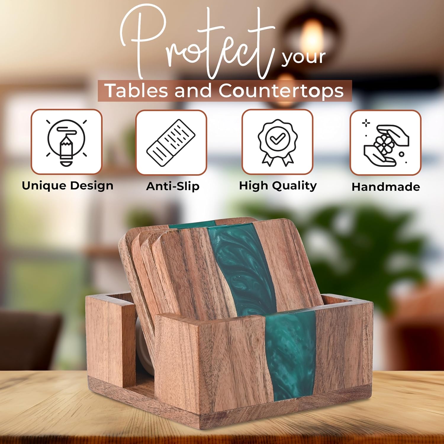 Rustic Wood Coasters Set of 4, Epoxy Resin, 4x4 Inches, With Holder - Image 2