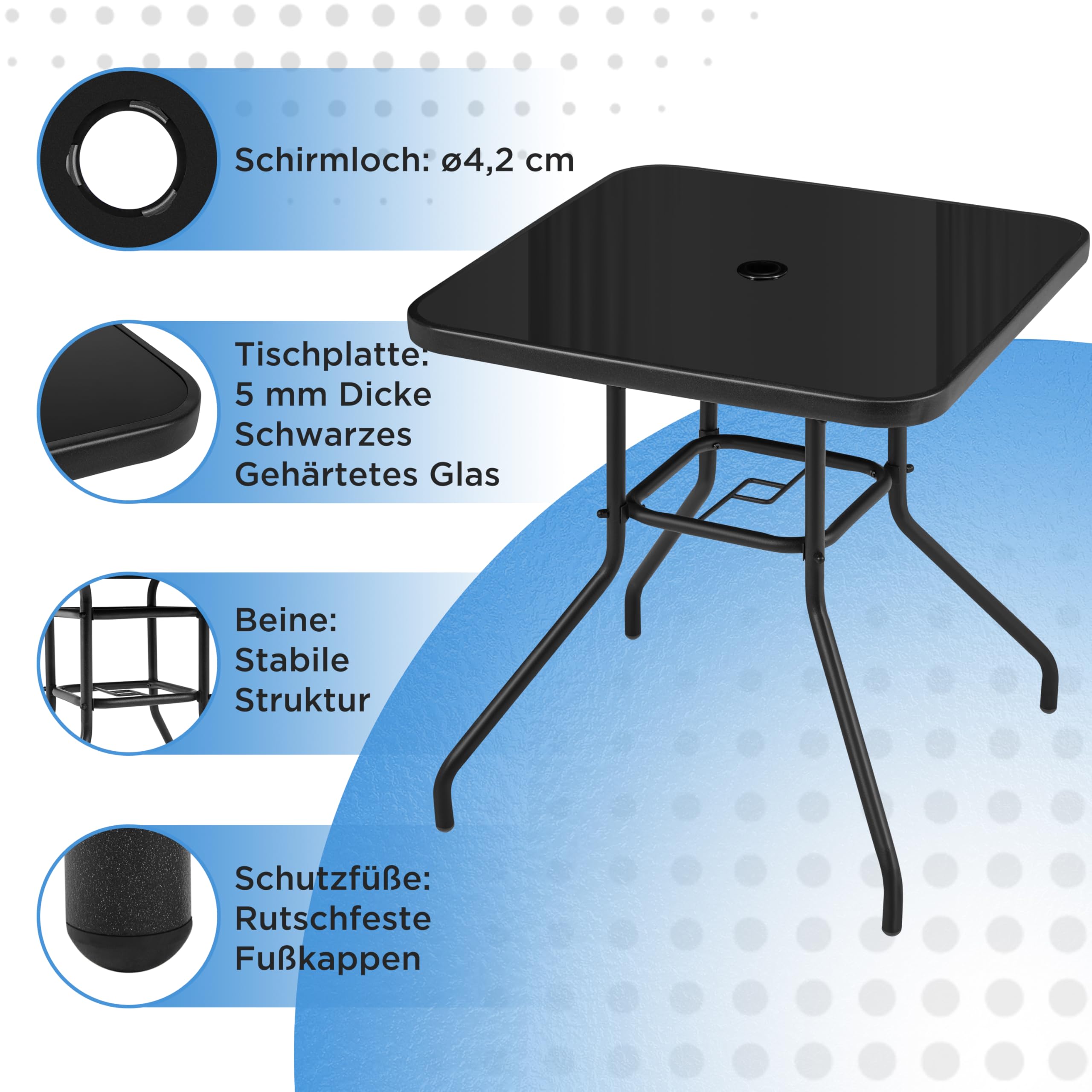 Yaheetech Stół ogrodowy, stolik pomocniczy ze szkła i metalu, stolik bistro z otworem na parasol, stolik kawowy, łatwy w pielęgnacji, stół tarasowy, odporny na działanie warunków atmosferycznych, 70 x