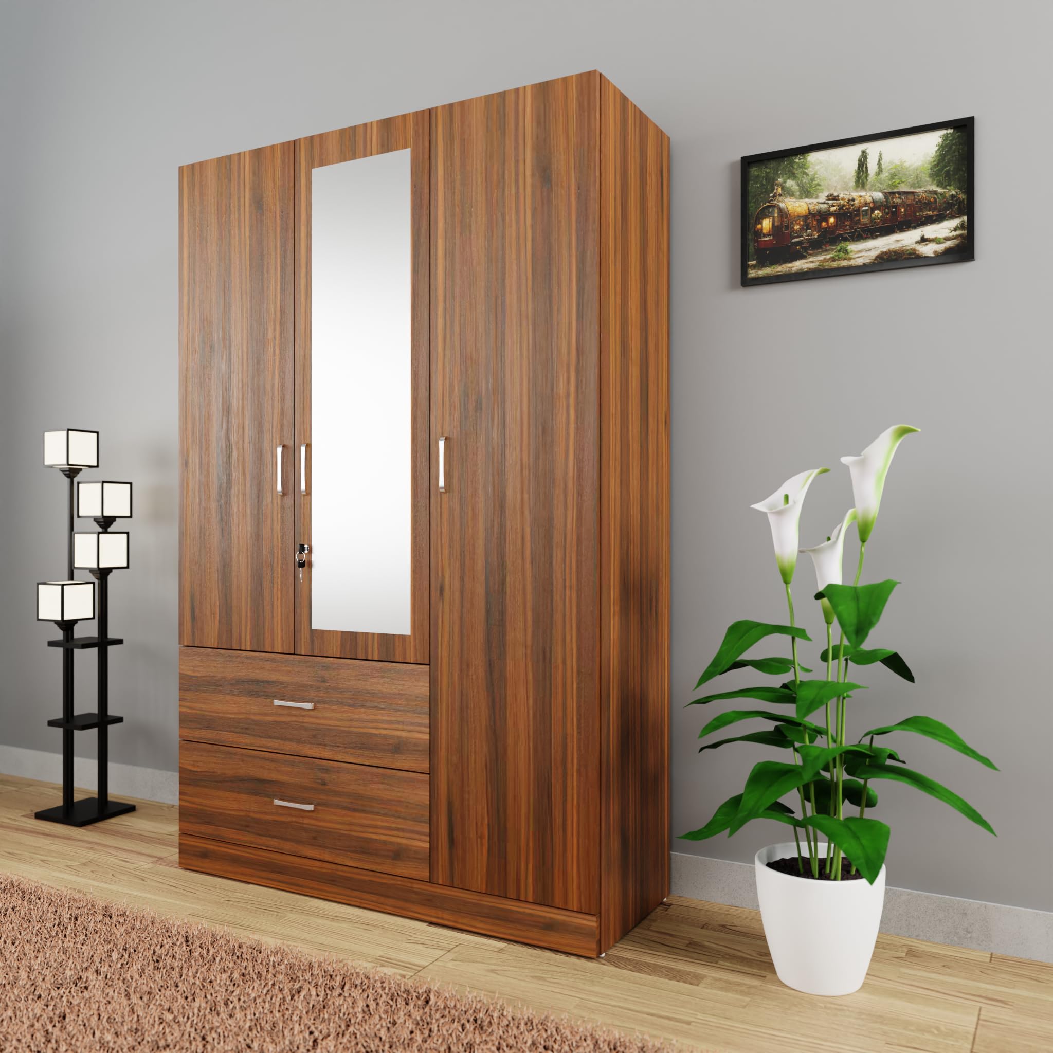 VIKI Wardrobe | Wooden Almirah for Clothes,Door for Bedroom, 3 Door Wardrobe with Drawer, Mirror & Hanging Space (Brussel Walnut - 40D x 120W x 180H) | 1 Year Warranty | Free Assembly (B0BYNP6H6P) Amazon Price History, Amazon Price Tracker