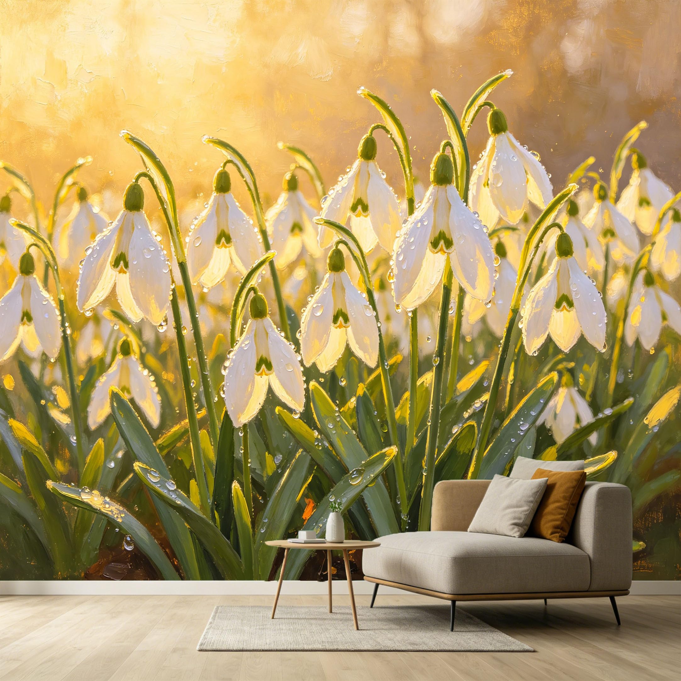Custom Size Wall Murals Botanical White Snowdrop Flowers Oil Painting Morning Dew Sunlight SelfAdhesive Wall Fabric Removable Large Wallpaper for Photo Living Room