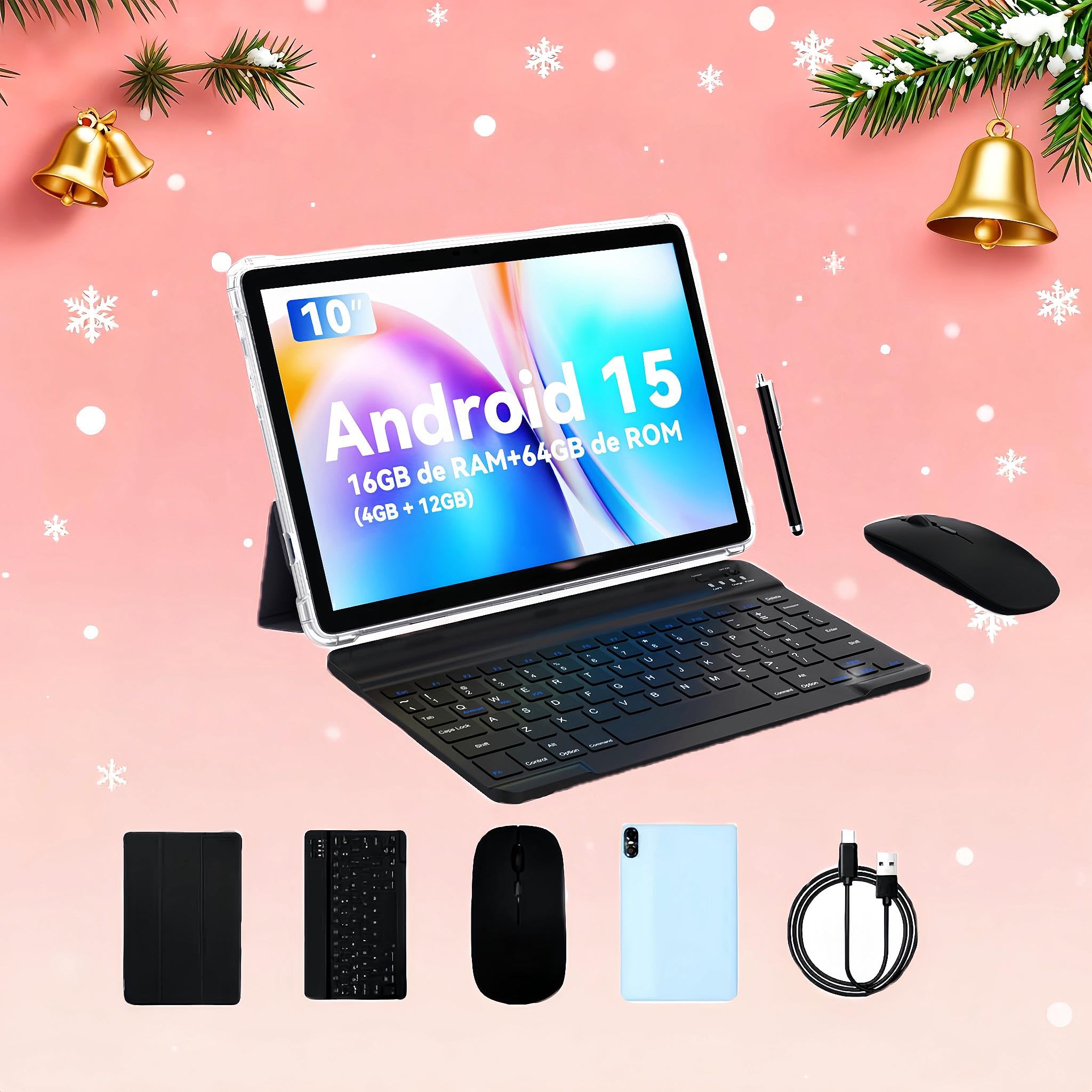 PRITOM 10 Zoll Tablet, 6-in-1 Tablets, 16 GB, 64 GB ROM, Android 15, 1024GB Expand,Qcta core, WiFi 6, 6000 Mah, Tablet PC mit Tastatur, Maus, Case,Grau