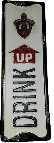 Vintage lata bebida Up soporte de pared abridor de botellas de hierro fundido Sign