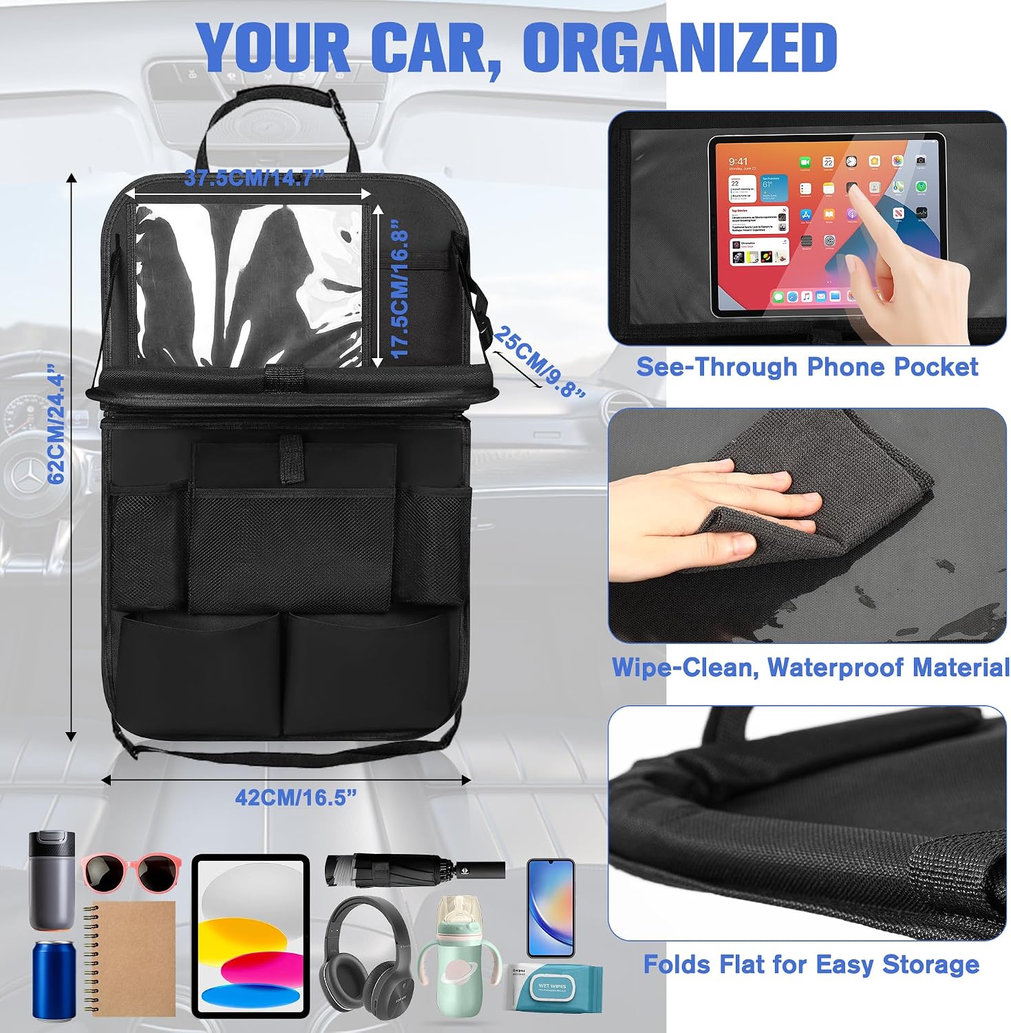 Children's Car Organiser, Car Seat Organiser, Backrest Protection, 10 Compartments, Folding Table, Quick Touch Screen, Waterproof & Robust Protects Against Children's Feet, for Most Vehicles (Pack of image 2