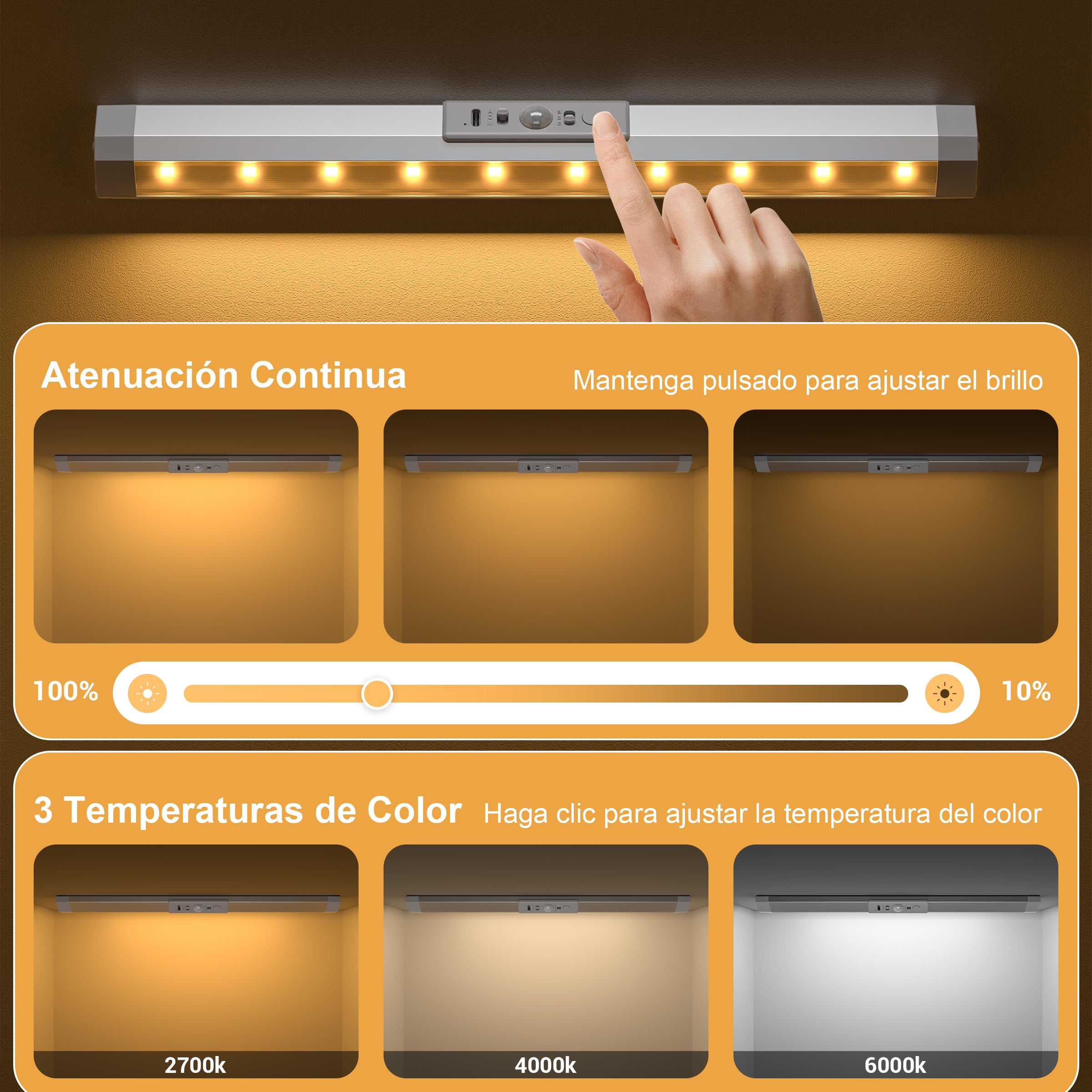 WOBANE Luz LED Armario Sensor Movimiento 2 Pack, Luces Armarios sin Cable Recargable USB-C, Protección Ocular con 3 Modos de Color Regulable, Magnética para Cocina Gabinete Guardarropa