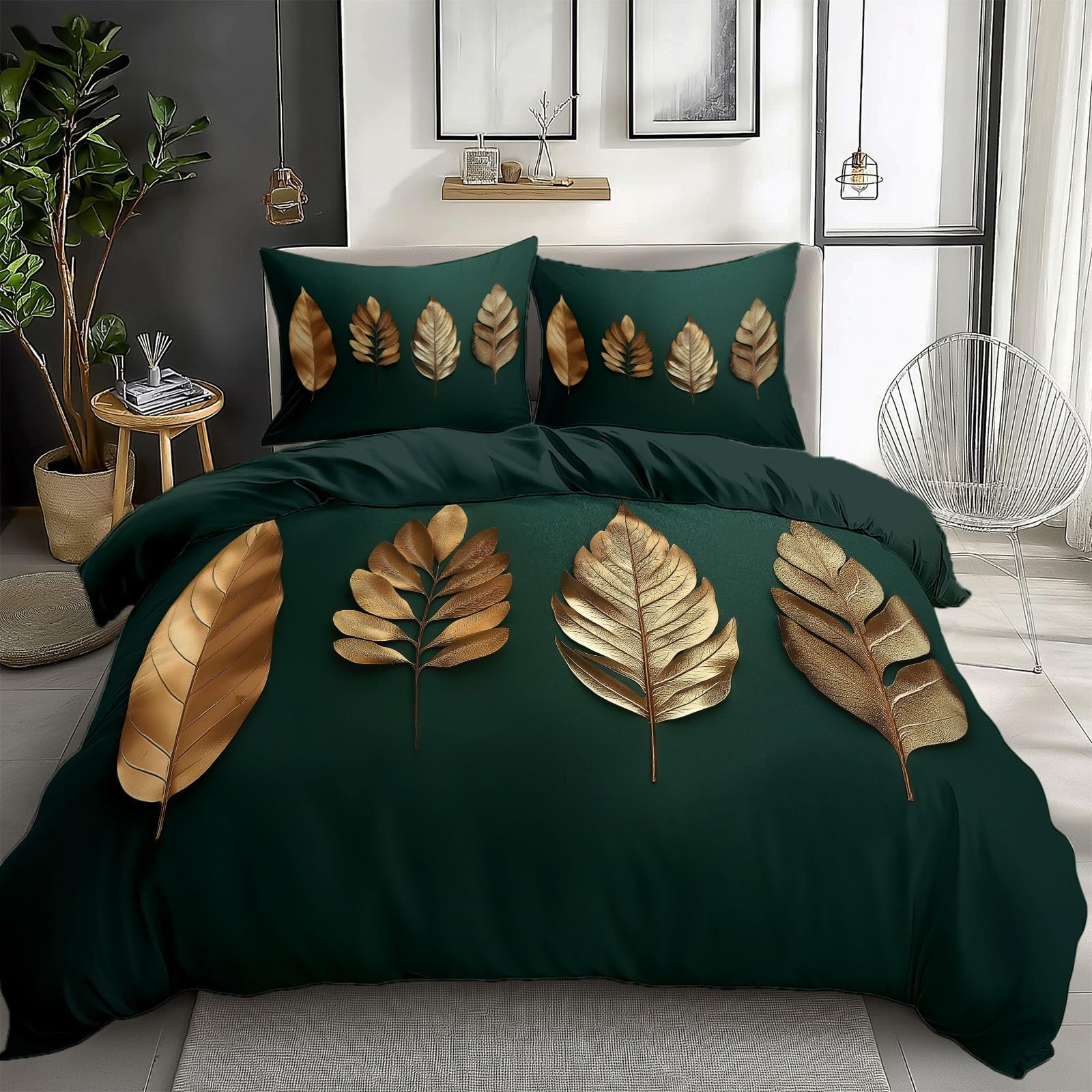 Dark Green Bedding Sets Metallic Leaves Gold Print Duvet Cover Set, Comforter Cover Full Size Soft Breathable Reversible 3-Piece Bedding for Kids Teens