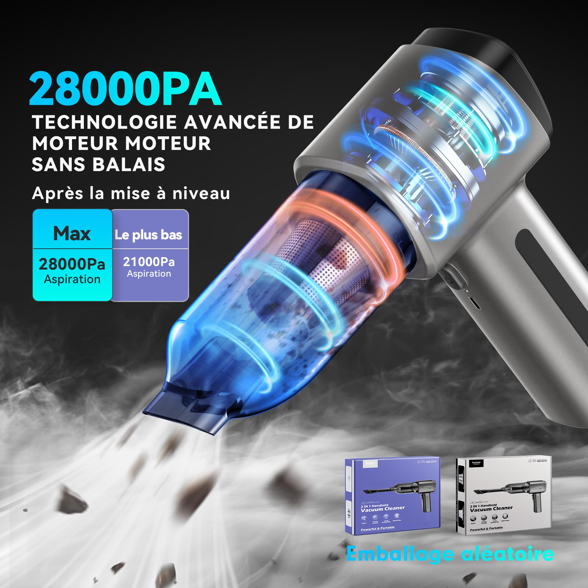 Aspirateur Voiture Puissant sans Fil 28000Pa Aspirateur à Main Rechargeable Portable USB-C Maison Auto Bureau (Gris Foncé)