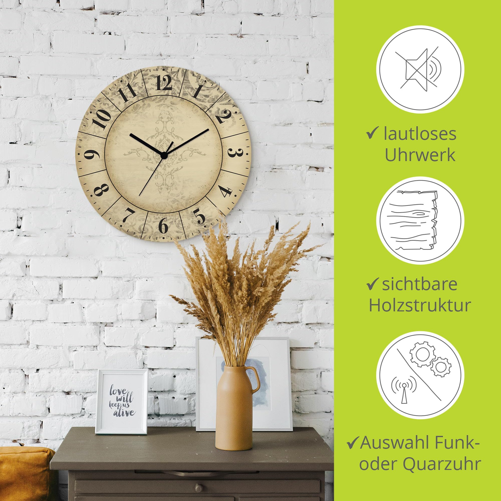 ARTLAND Wanddeko Wanduhr ohne Tickgeräusche aus Holz Funkuhr lautlos rund Ø 30 cm Vintage Zeitflüsterer U5DR Wanddeko in Holzoptik