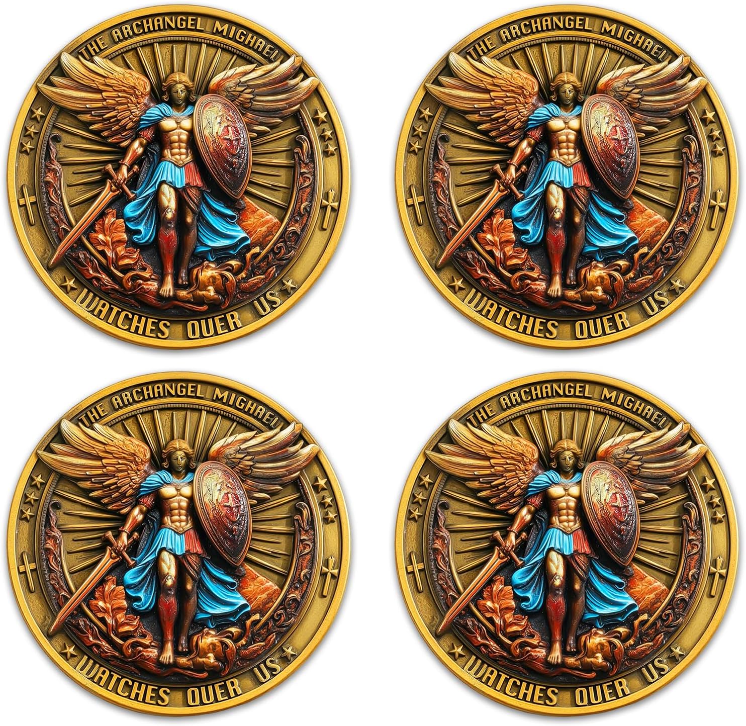 St Michael The Archangel Watches Over Us Challenge Coin - Psalm 91:10-11 Bible Verse, St Michael Coin Token, Inspirational Gifts for Protection & Faith - Gifts for Christian Men (4pc Colored)