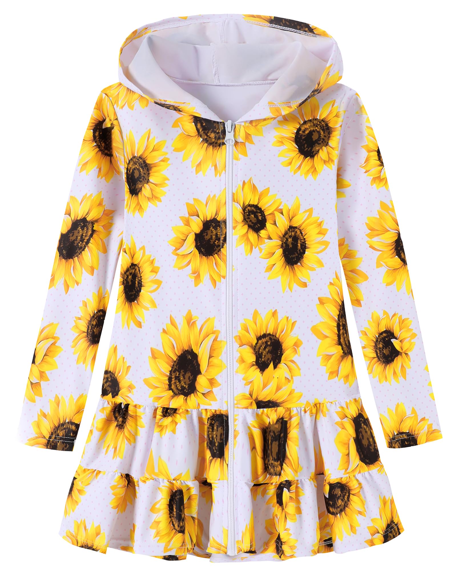 Girls Swim Cover Up Dress Long Sleeve Hooded Zip Up Bathing Suit Cute Ruffle Coverup Kids Pool Beach Robe 4-10Y