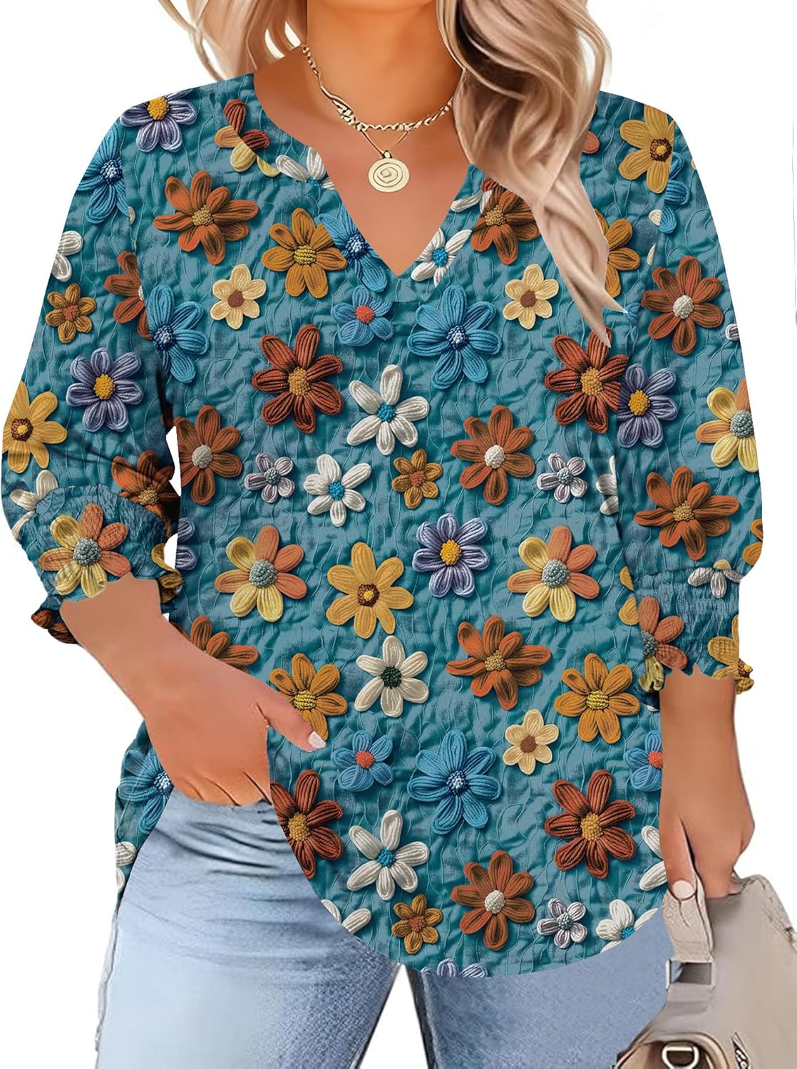 TFSDOD Womens Plus Size Tops 3/4 Sleeve Blouses Summer V Neck Shirts Smocked Cuffs Spring Outfits 1X-5X