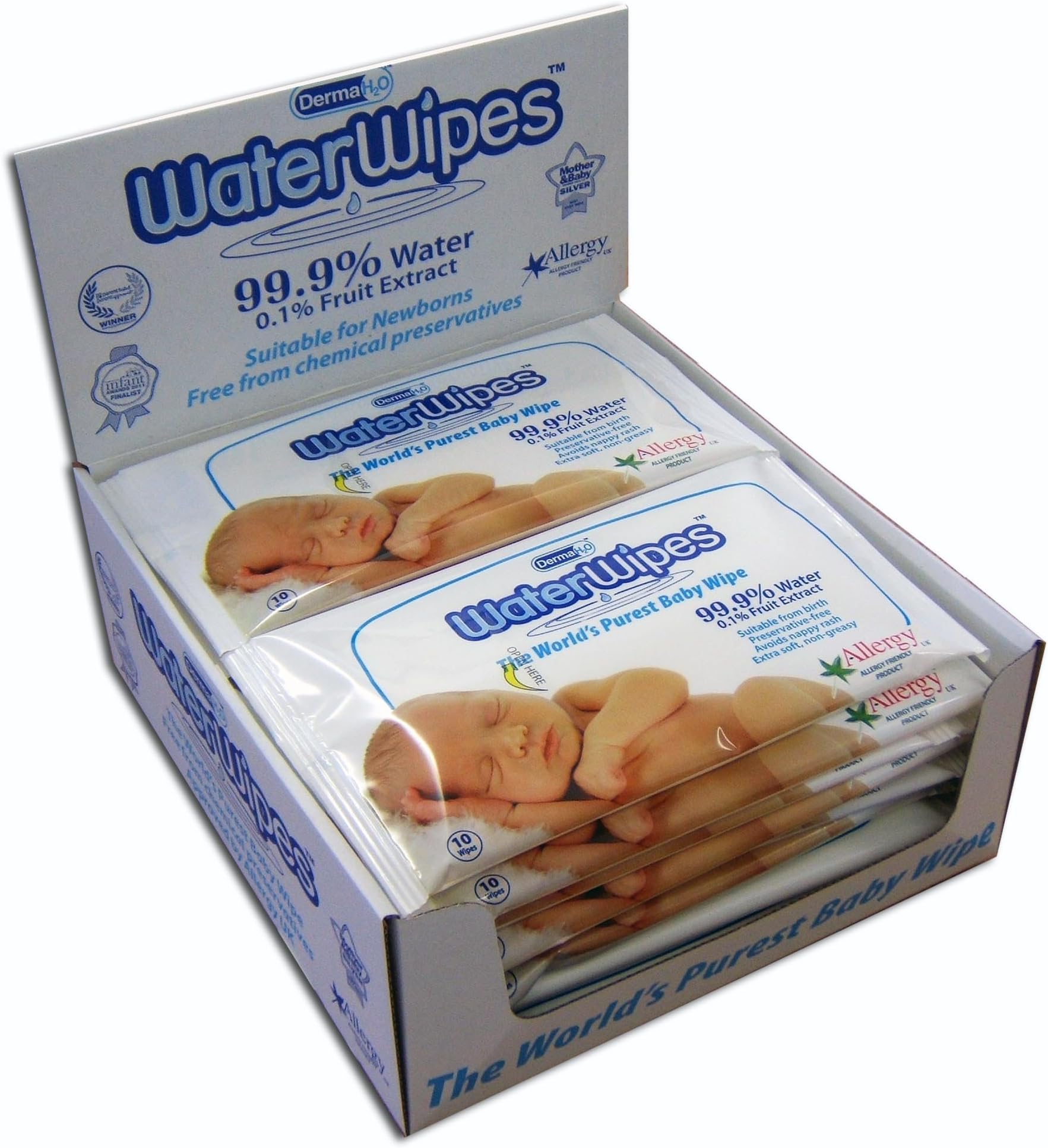 DermaH2O WaterWipes Travel Pack Value Box, 10 Count, (Pack of 24)