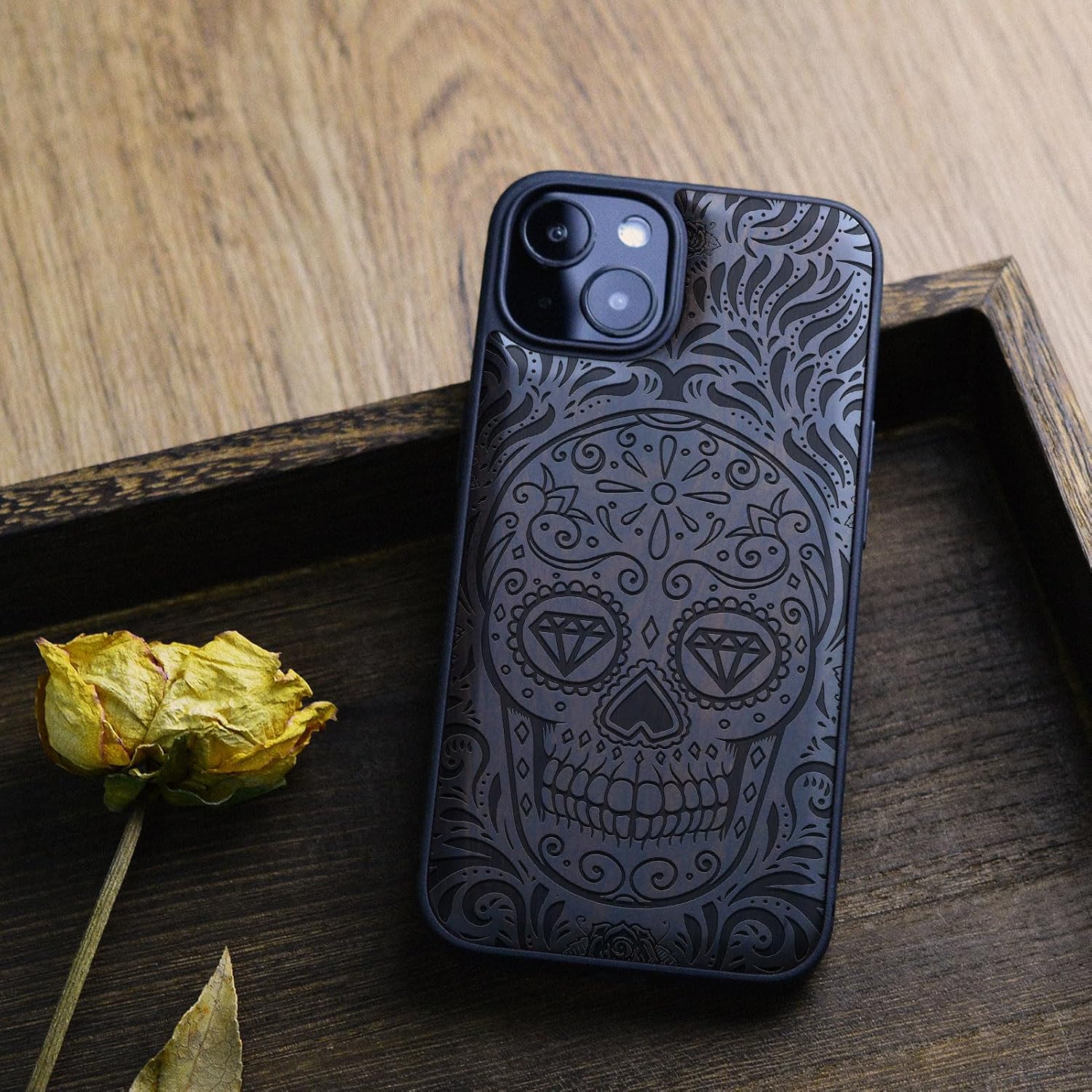 Carveit Magnetic Wood Case for iPhone 13 Mini Case [Hard Real Wood & Soft TPU] Unique & Classy Wooden Shockproof Hybrid Protective Cover Compatible with MagSafe (Diamond Sugar Skull -Blackwood)