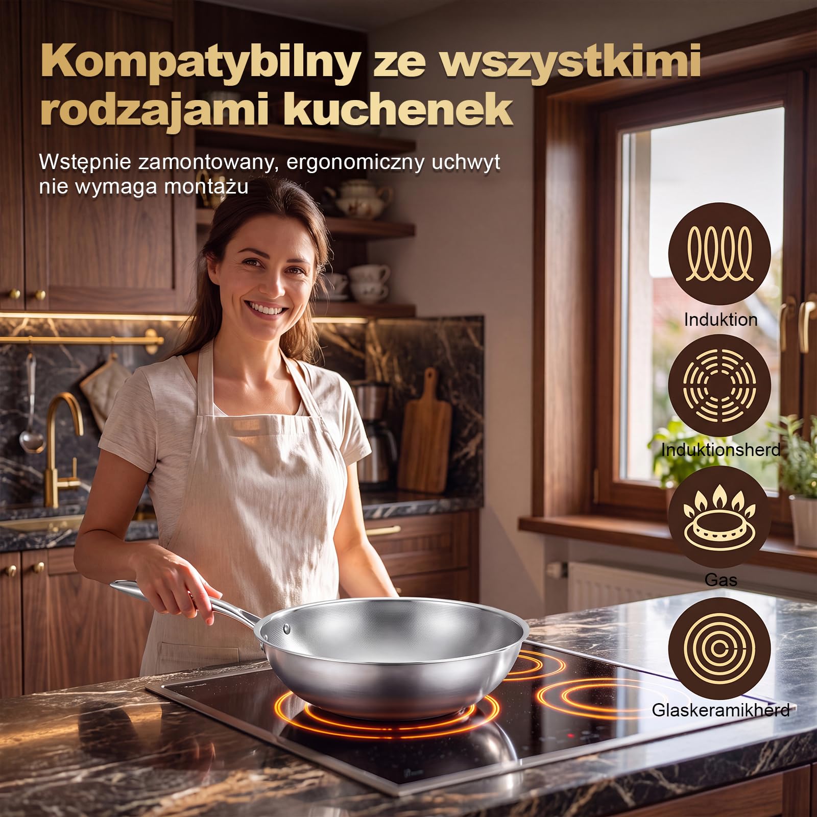 SSGP Tytanowa Patelnia Wok 28cm — nie zawiera PFOA | Łatwe w czyszczeniu, odporne na rdzę, nadają się do wszystkich rodzajów kuchenek, nieprzywierające, z pokrywką