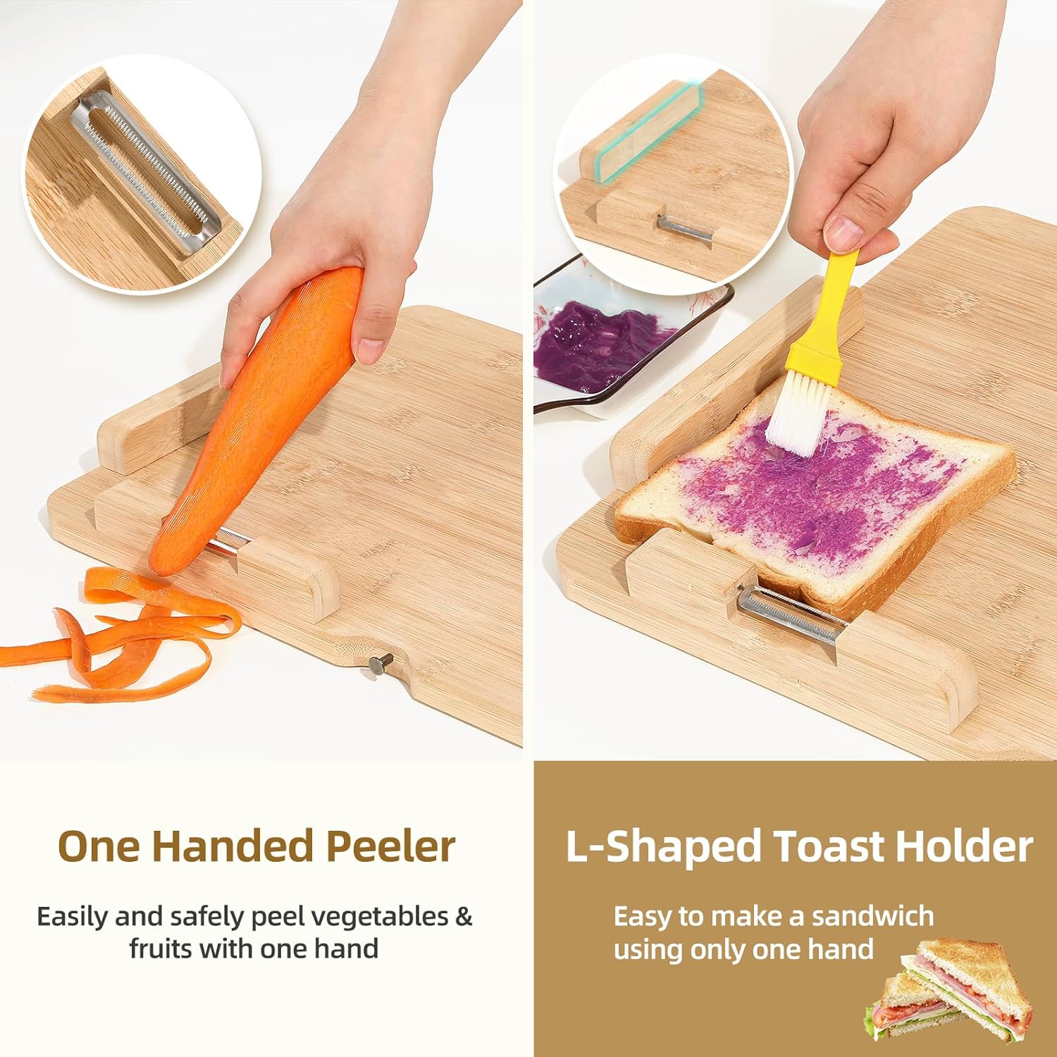 One-Handed Cutting Board, Adaptive Cutting Board for Disabled &Stroke Patients & Handicapped People, Handicap Kitchen Chopping Boards with Peeler& Steel Spikes &Bread Stops