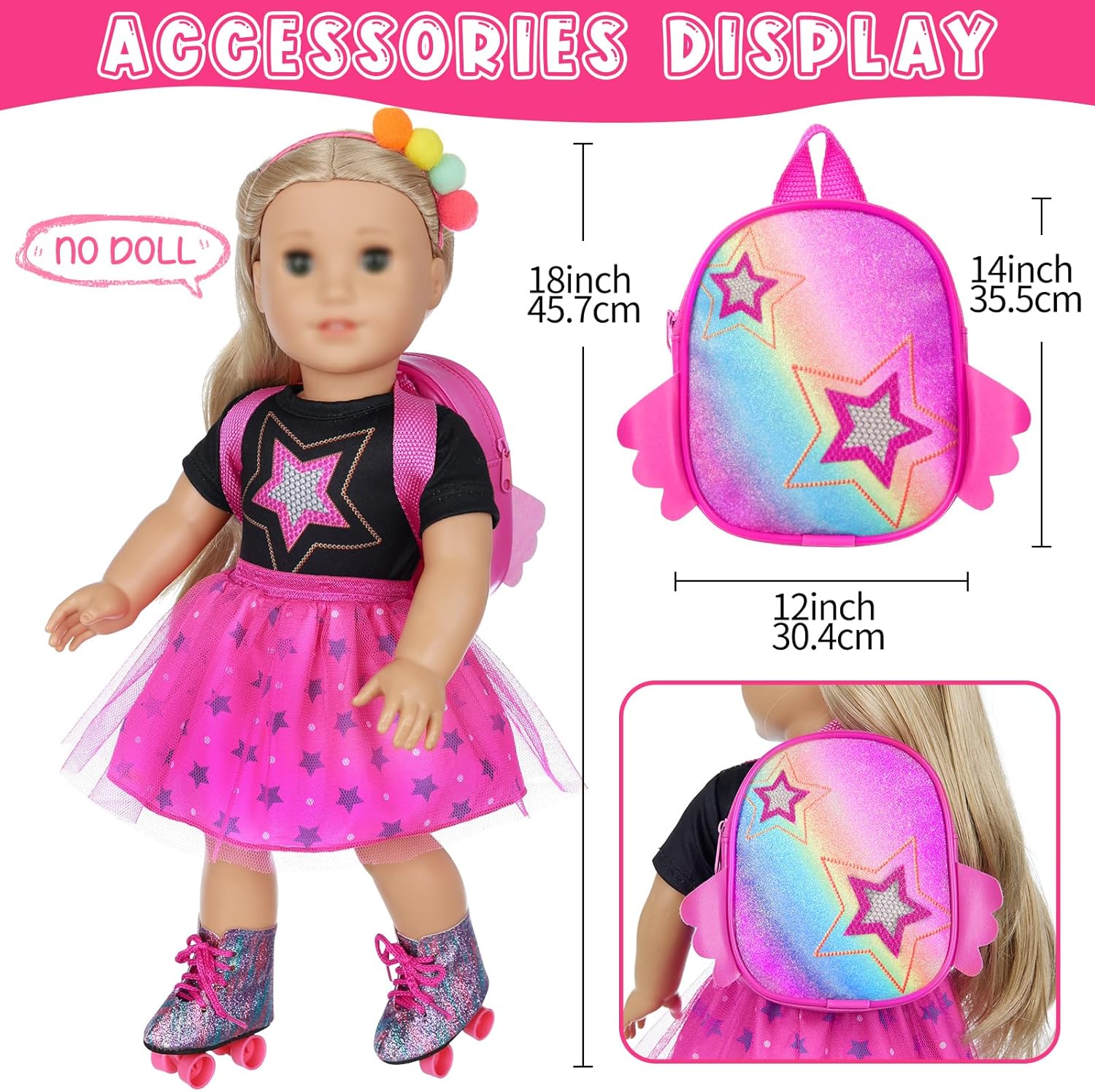 18 Inch Girl Doll Clothes & Accessories - Dress, Bag, Skating Shoes, Headband, Mobile Phone