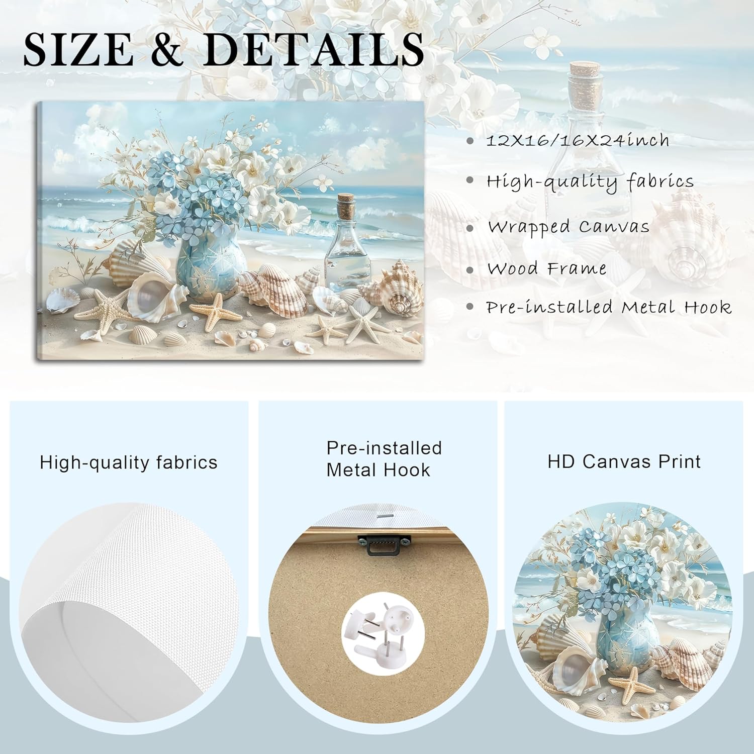 Blue Ocean Beach Conch Canvas Wall Art Starfish with White Flower in Vintage Vase Ocean Coast Picture Poster Prints Painting Artwork Wall Decor for Bathroom Living Room Bedroom Office 24''L x 16''W